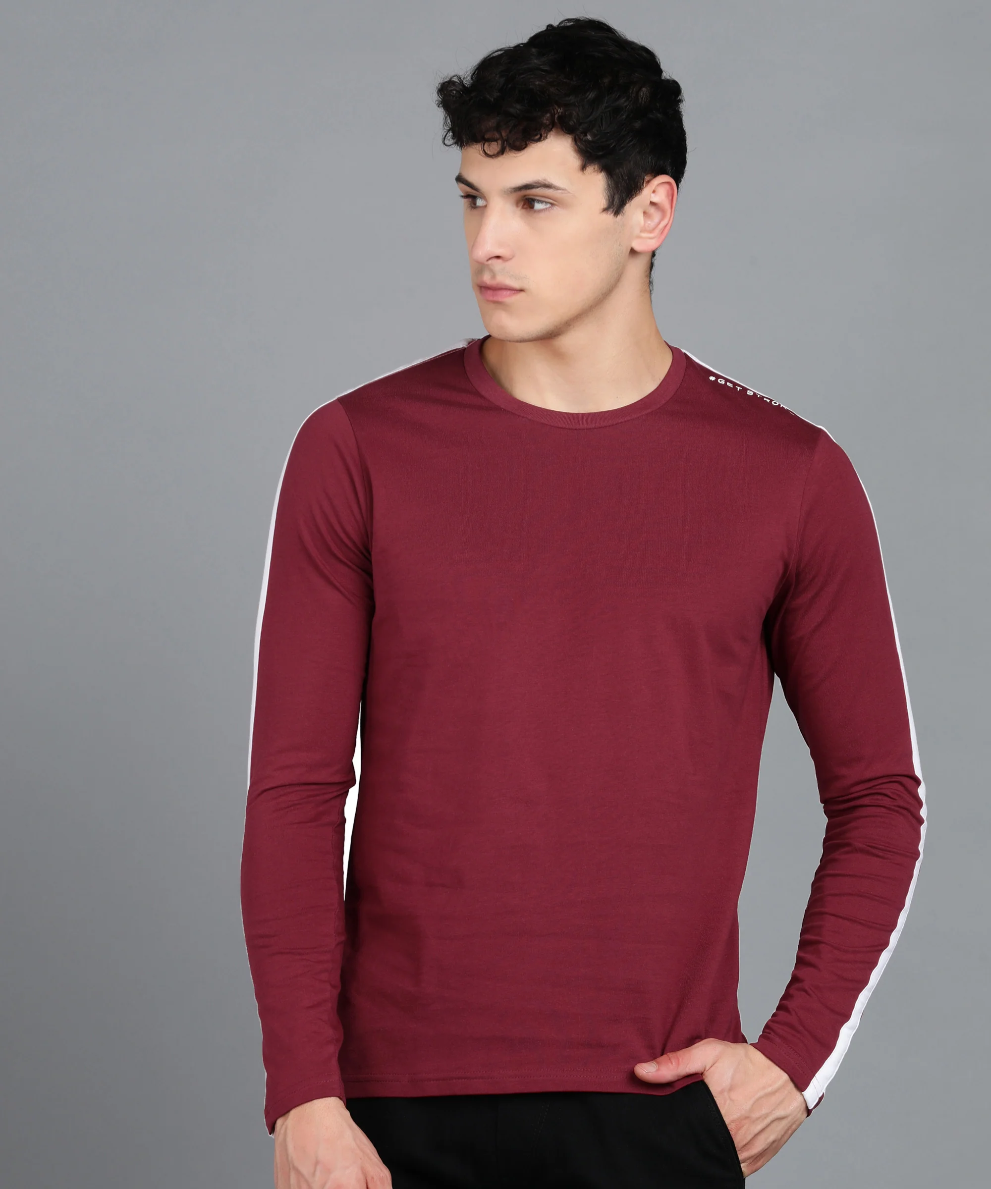 Men's Color-Block Maroon Round Neck Full Sleeve Slim Fit Cotton T-Shirt - Image 2