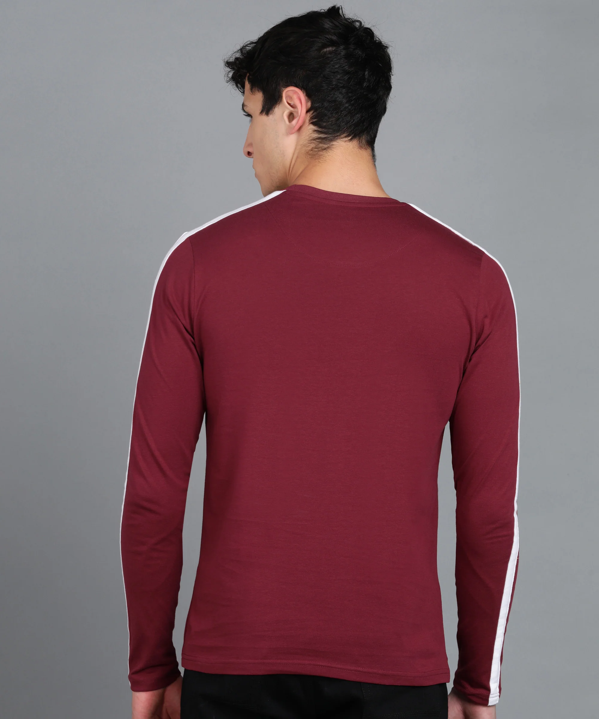Men's Color-Block Maroon Round Neck Full Sleeve Slim Fit Cotton T-Shirt - Image 3