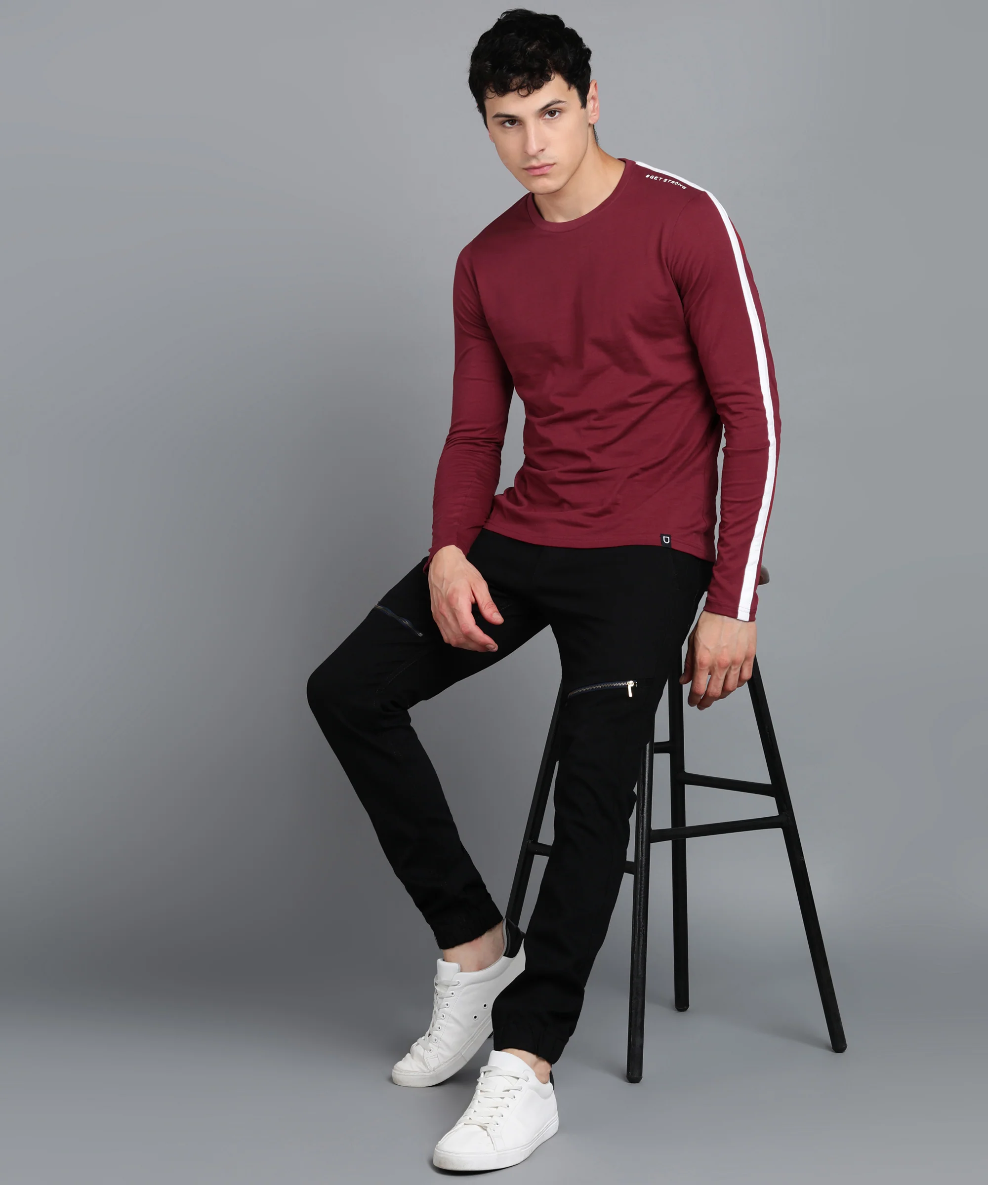 Men's Color-Block Maroon Round Neck Full Sleeve Slim Fit Cotton T-Shirt - Image 4