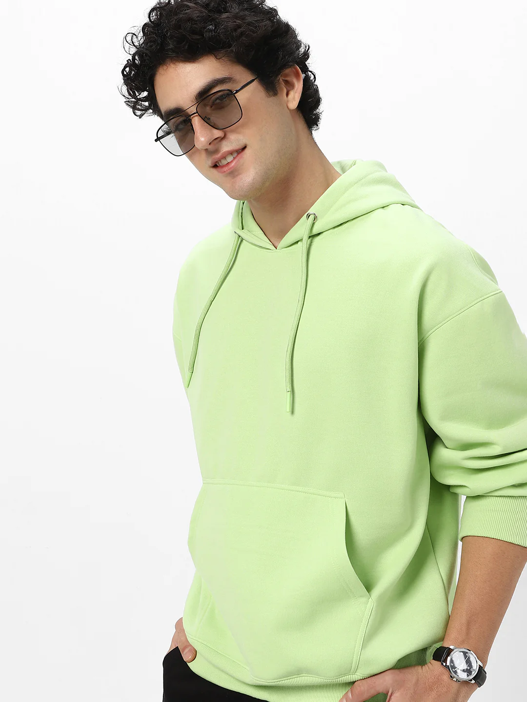 Men's Cool Matcha Cotton Solid Oversized Hooded Neck Sweatshirt - Image 2