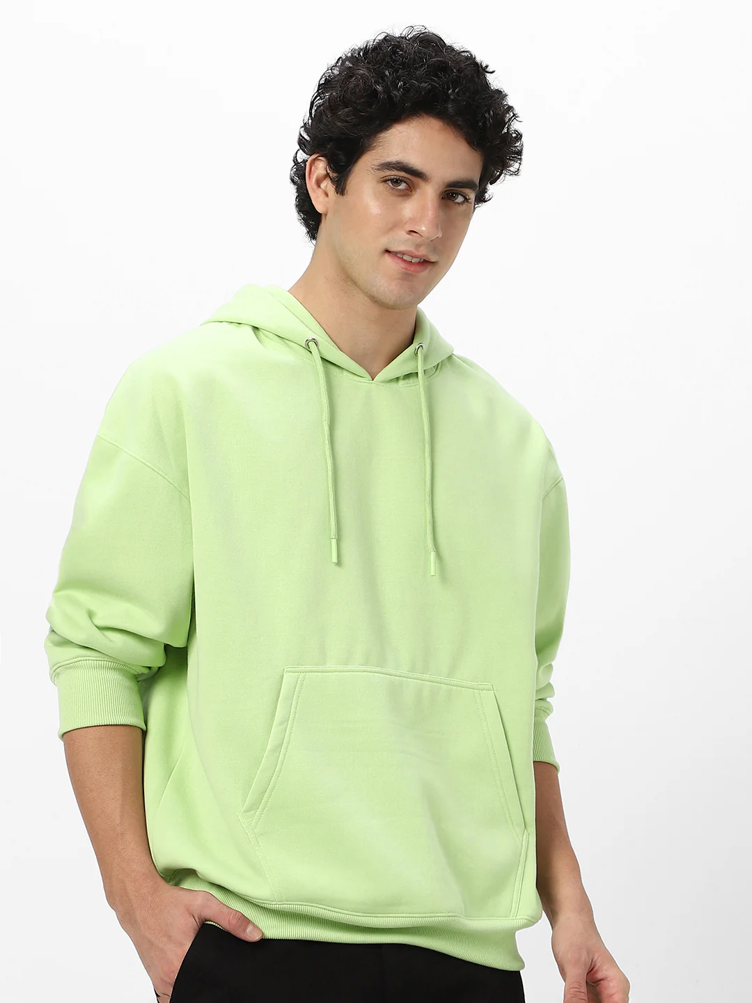 Men's Cool Matcha Cotton Solid Oversized Hooded Neck Sweatshirt - Image 3