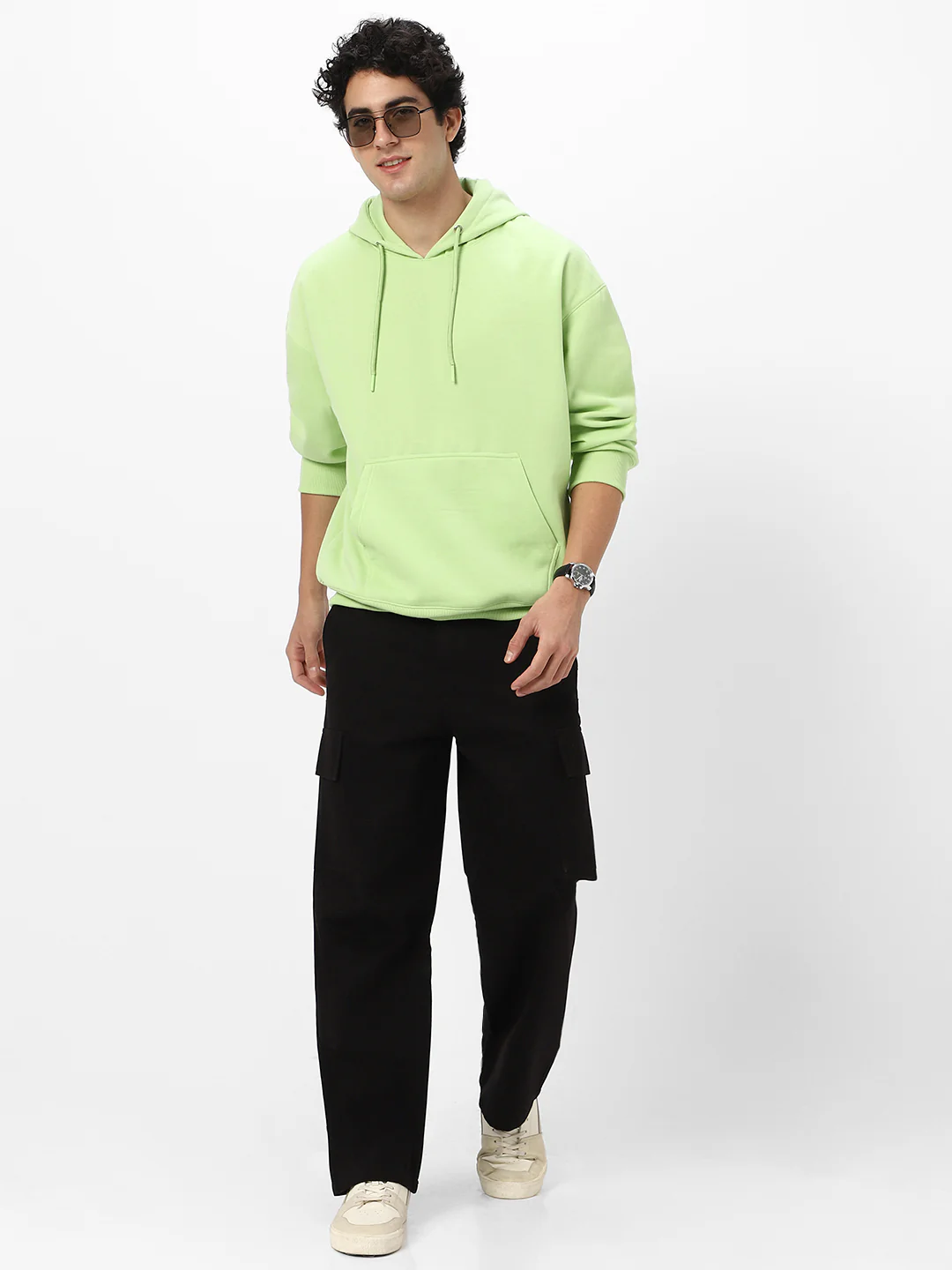 Men's Cool Matcha Cotton Solid Oversized Hooded Neck Sweatshirt - Image 5