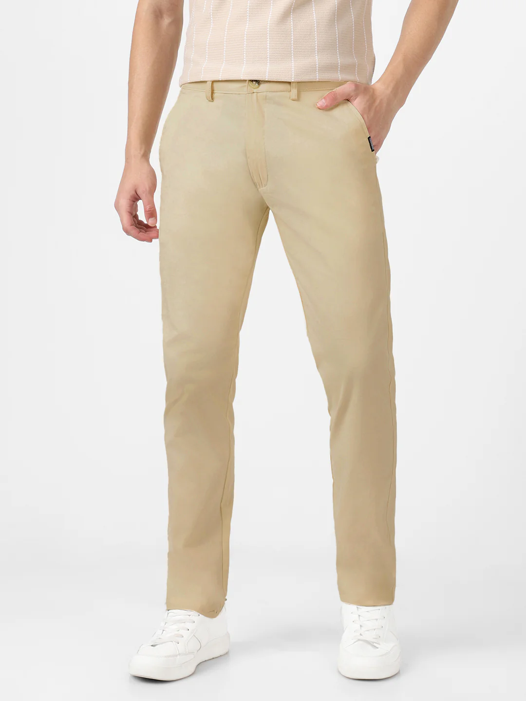 Men's Cream Cotton Slim Fit Casual Chinos Trousers - Image 2