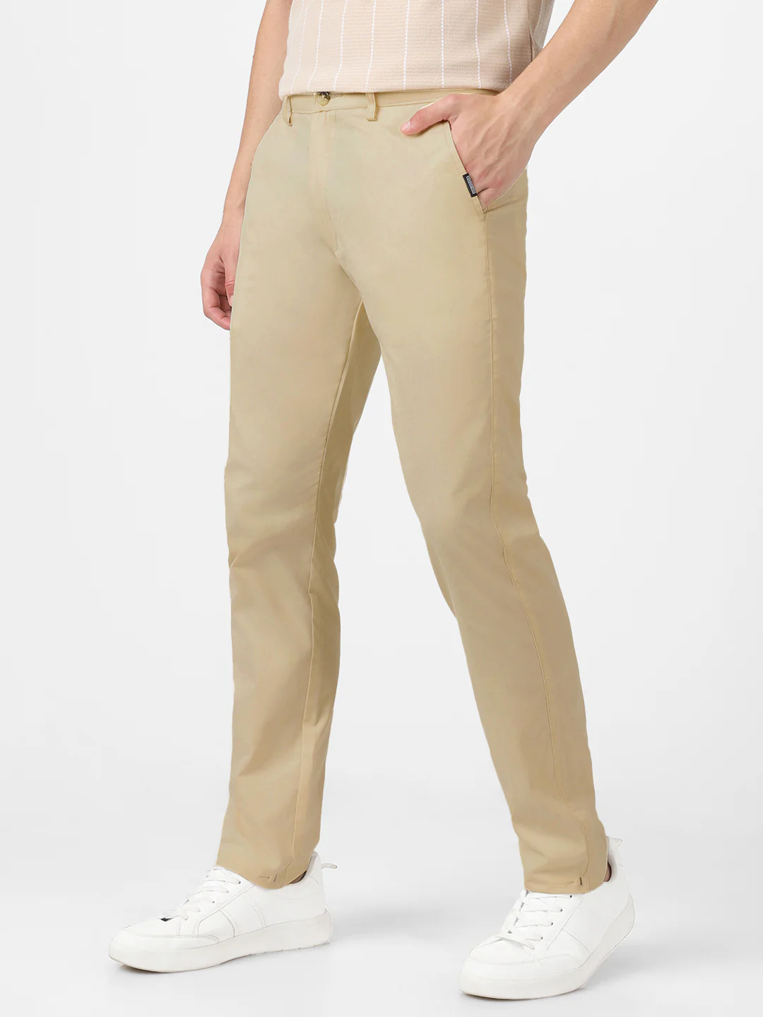Men's Cream Cotton Slim Fit Casual Chinos Trousers - Image 3
