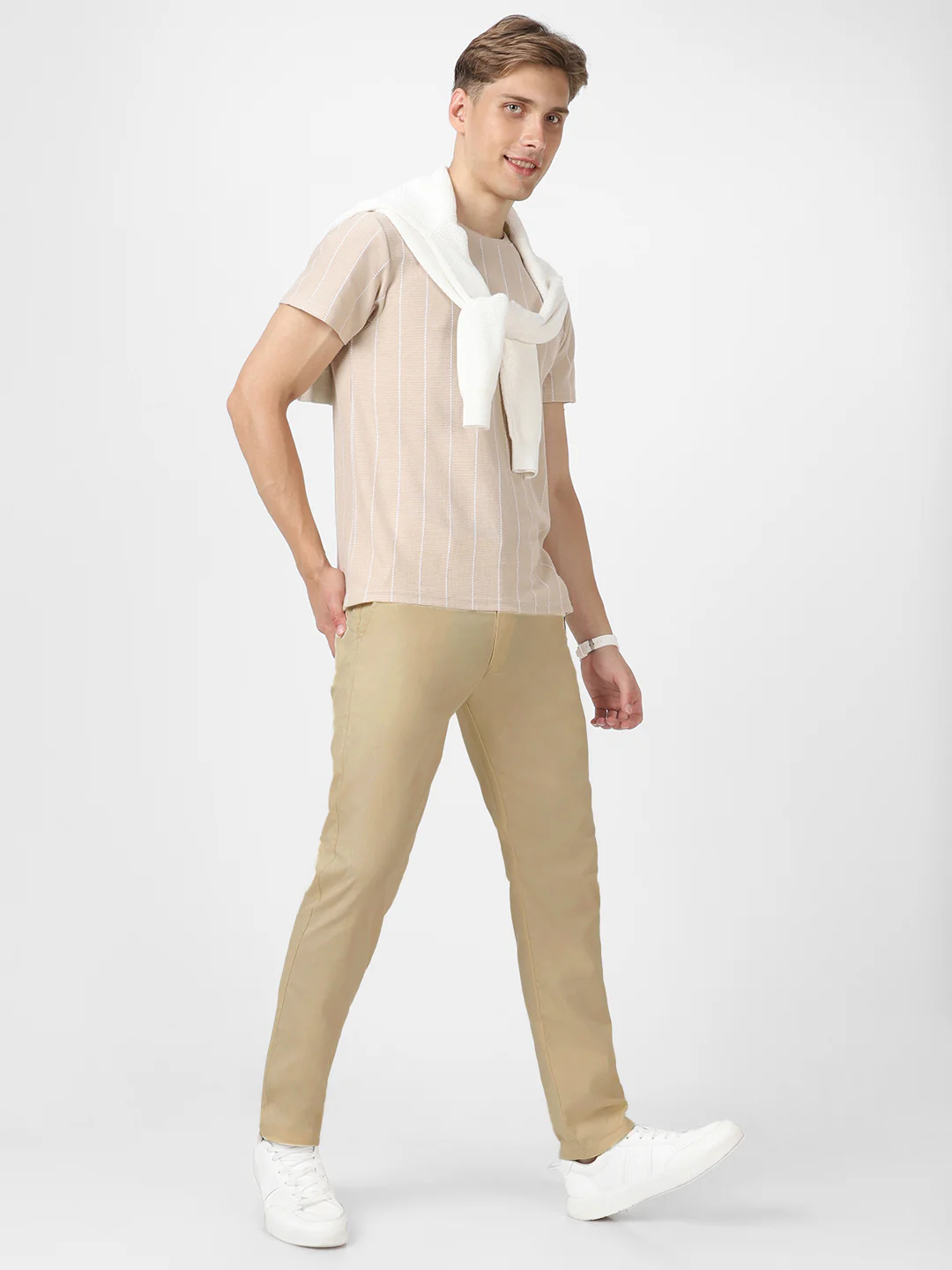 Men's Cream Cotton Slim Fit Casual Chinos Trousers - Image 5