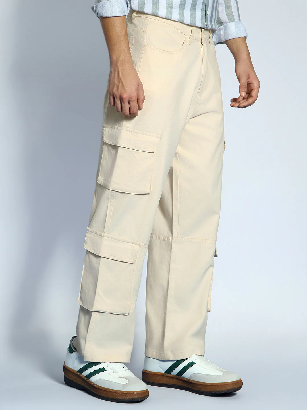 Men's Cream Loose Baggy Fit Cargo Chino Pant with 8 Pockets Stretchable - Image 3