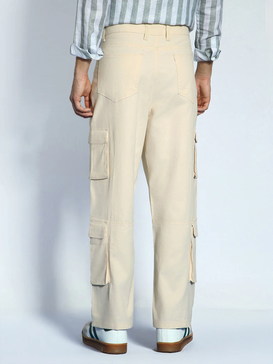 Men's Cream Loose Baggy Fit Cargo Chino Pant with 8 Pockets Stretchable - Image 4