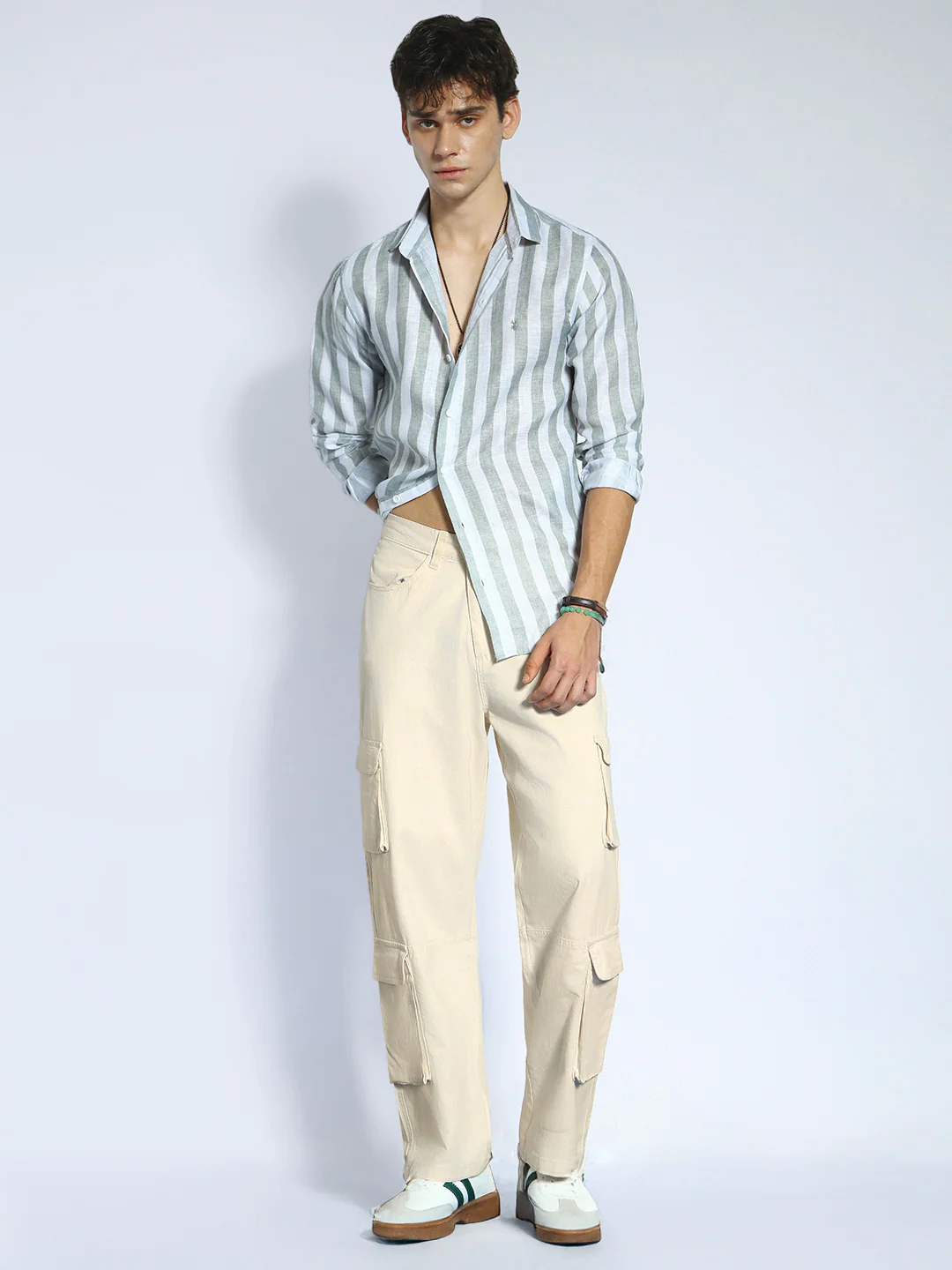 Men's Cream Loose Baggy Fit Cargo Chino Pant with 8 Pockets Stretchable - Image 5
