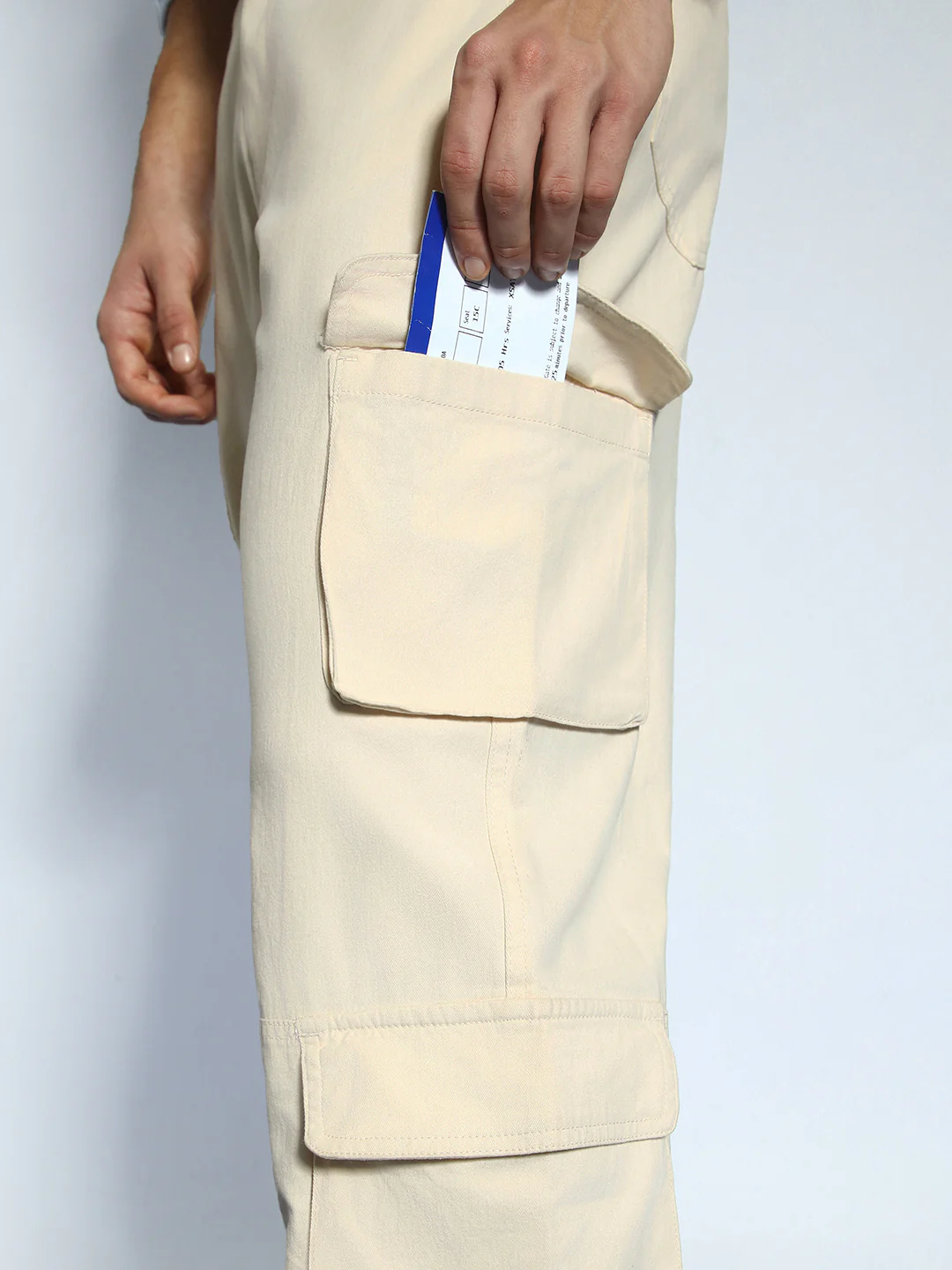 Men's Cream Loose Baggy Fit Cargo Chino Pant with 8 Pockets Stretchable - Image 6