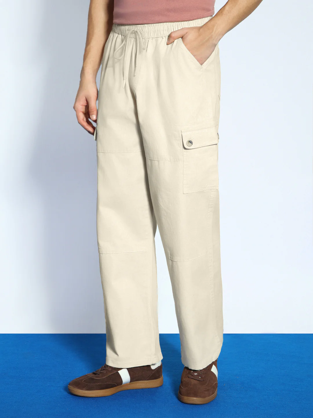 Men's Cream Loose Baggy Fit Cargo Jogger Chino Pant with 6 Pockets Stretchable - Image 3