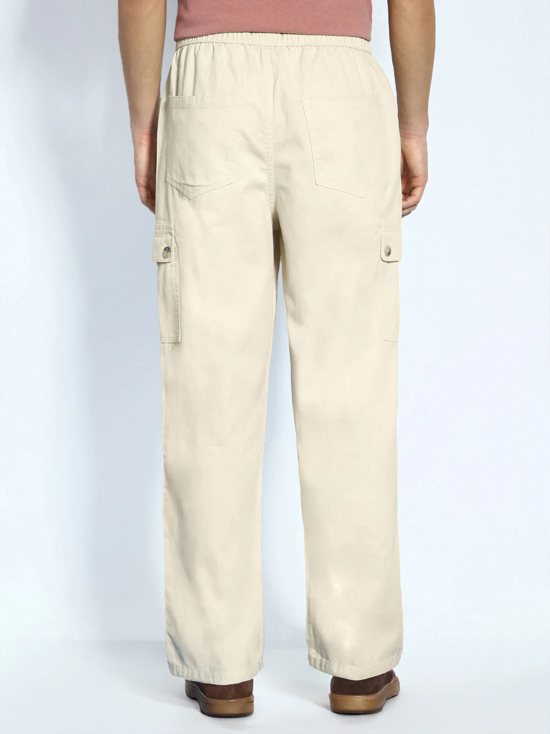 Men's Cream Loose Baggy Fit Cargo Jogger Chino Pant with 6 Pockets Stretchable - Image 4