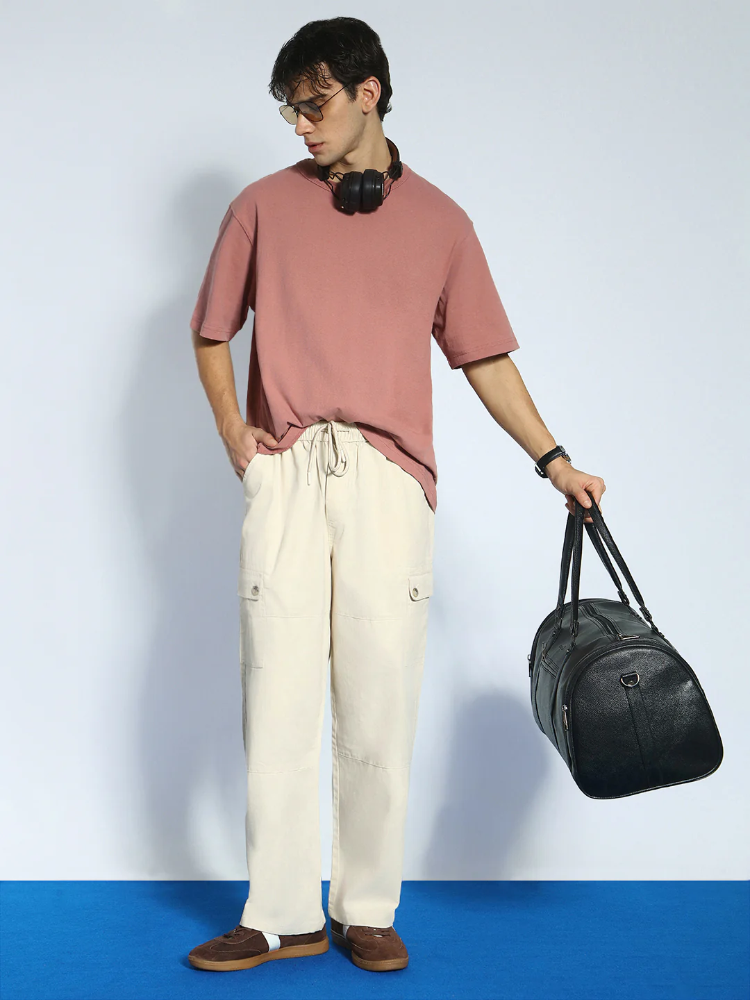 Men's Cream Loose Baggy Fit Cargo Jogger Chino Pant with 6 Pockets Stretchable - Image 5
