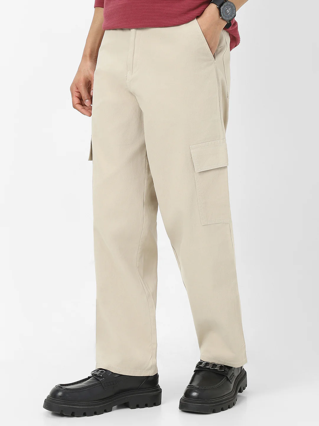 Urbano Fashion Men's Cream Loose Baggy Fit Solid Cargo Chino Pant with 6 Pockets Non-Stretchable - Image 2
