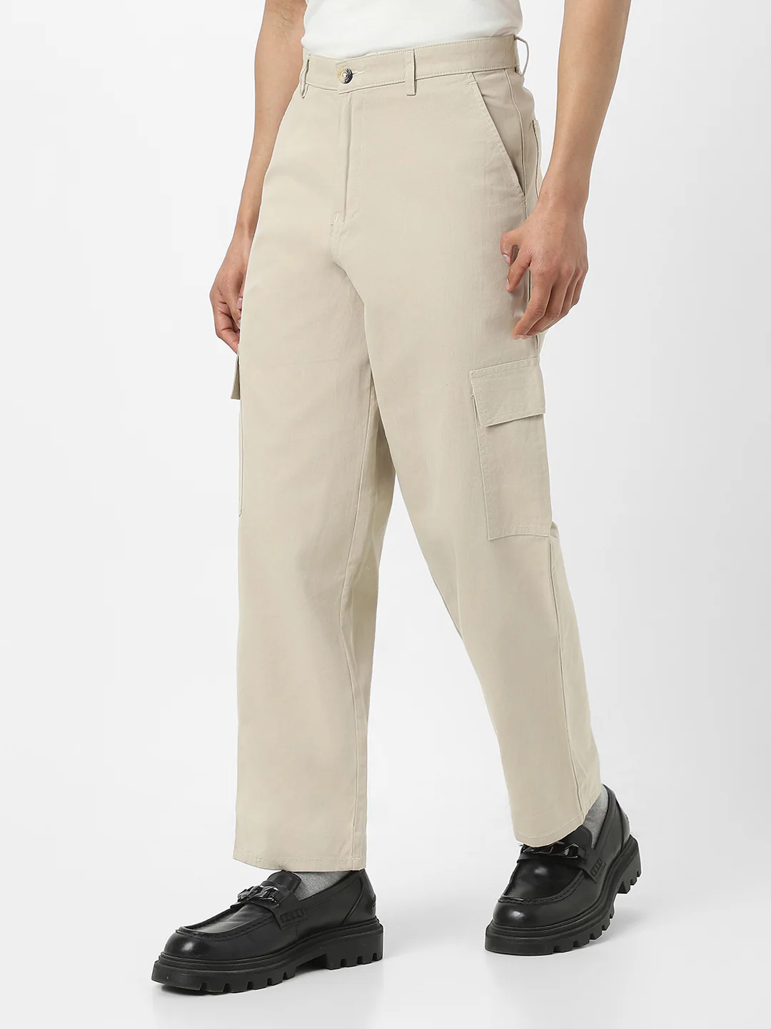 Urbano Fashion Men's Cream Loose Baggy Fit Solid Cargo Chino Pant with 6 Pockets Non-Stretchable - Image 3