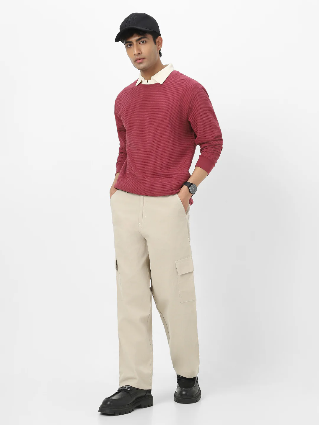 Urbano Fashion Men's Cream Loose Baggy Fit Solid Cargo Chino Pant with 6 Pockets Non-Stretchable - Image 5