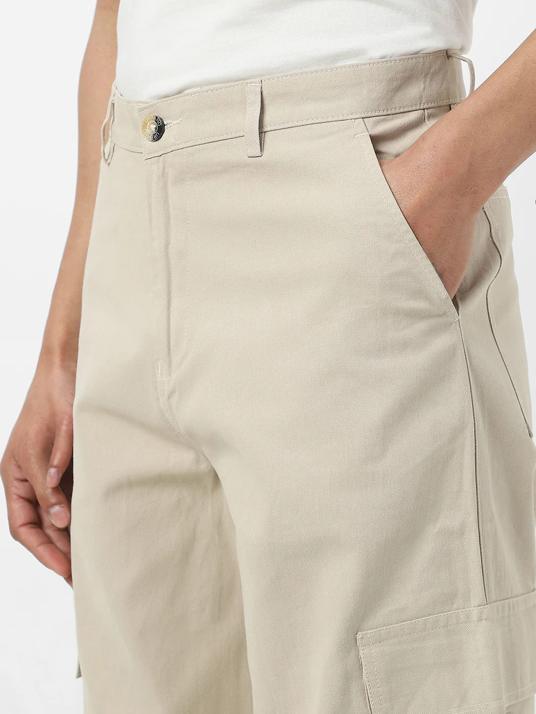 Urbano Fashion Men's Cream Loose Baggy Fit Solid Cargo Chino Pant with 6 Pockets Non-Stretchable - Image 7