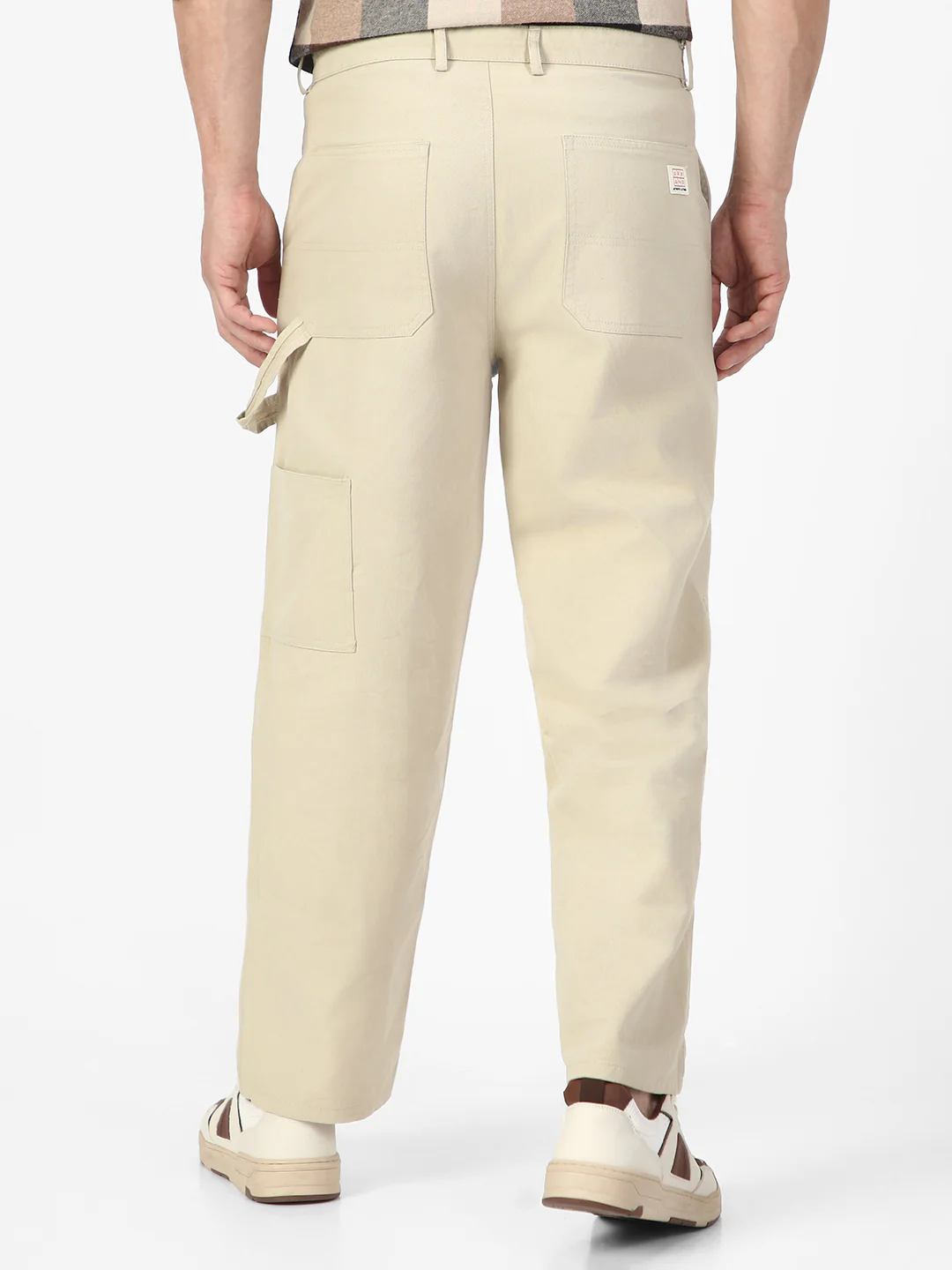 Men's Cream Loose Baggy Fit Solid Carpenter Trouser Pant with 5 Pockets Non-Stretchable - Image 3