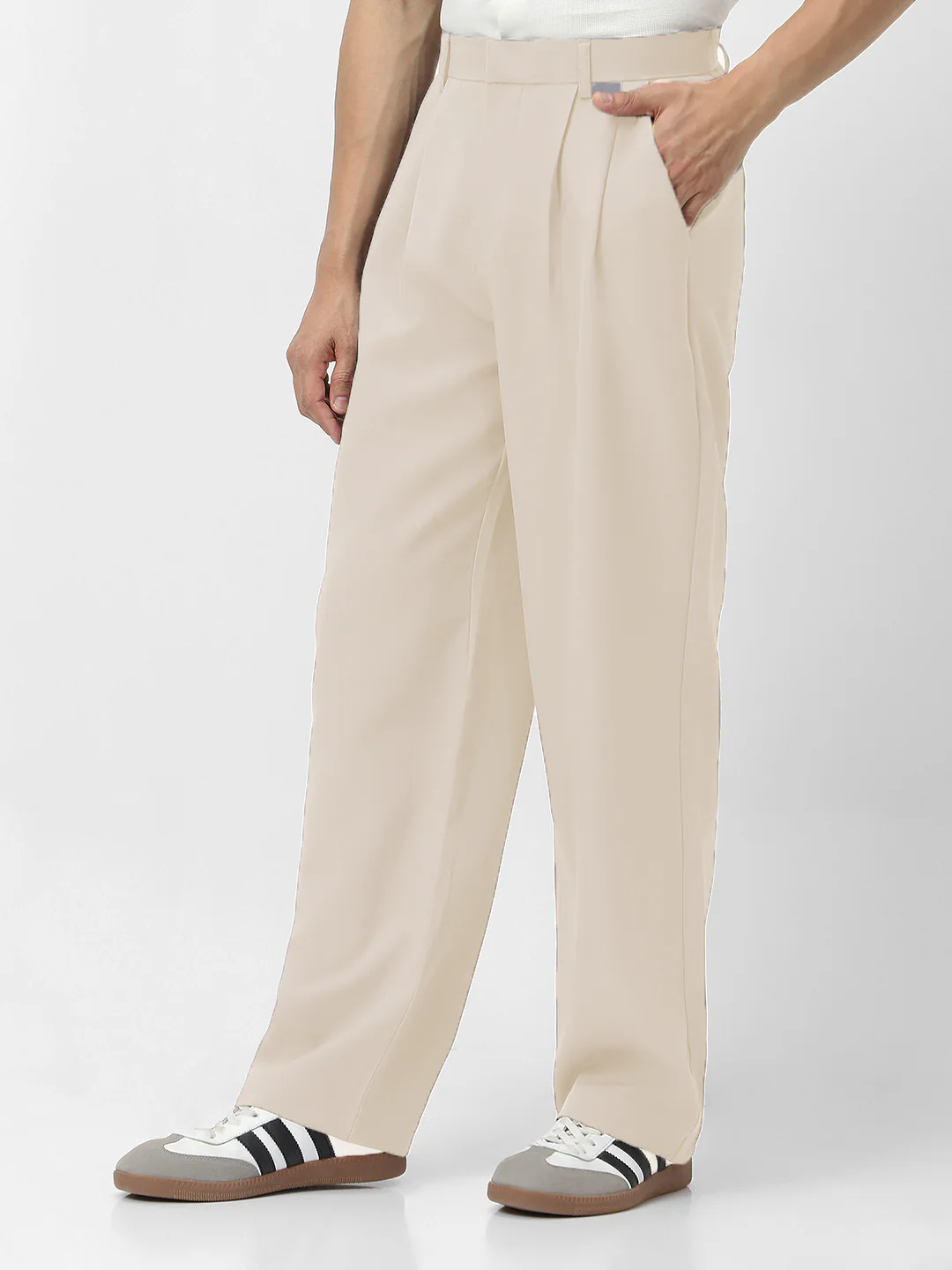 Men's Cream Loose Baggy Fit Solid Korean Pants Stretchable - Image 2