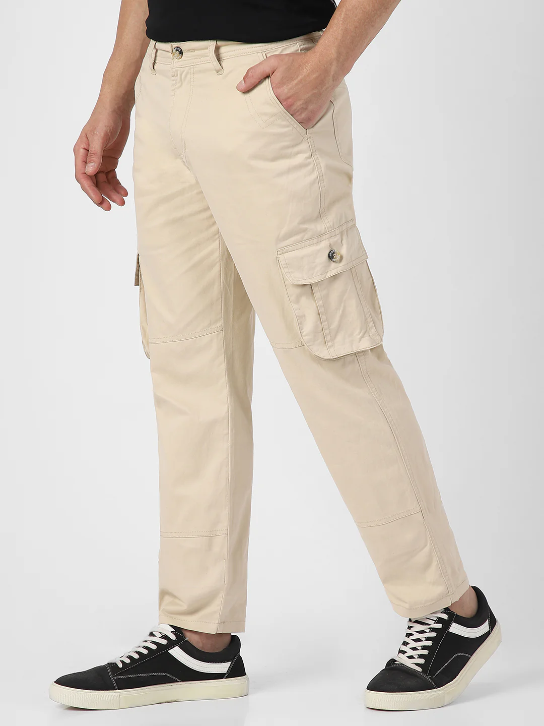 Men's Cream Regular Fit Solid Cargo Chino Pant with 6 Pockets - Image 3