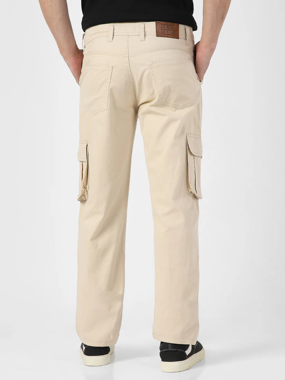 Men's Cream Regular Fit Solid Cargo Chino Pant with 6 Pockets - Image 4