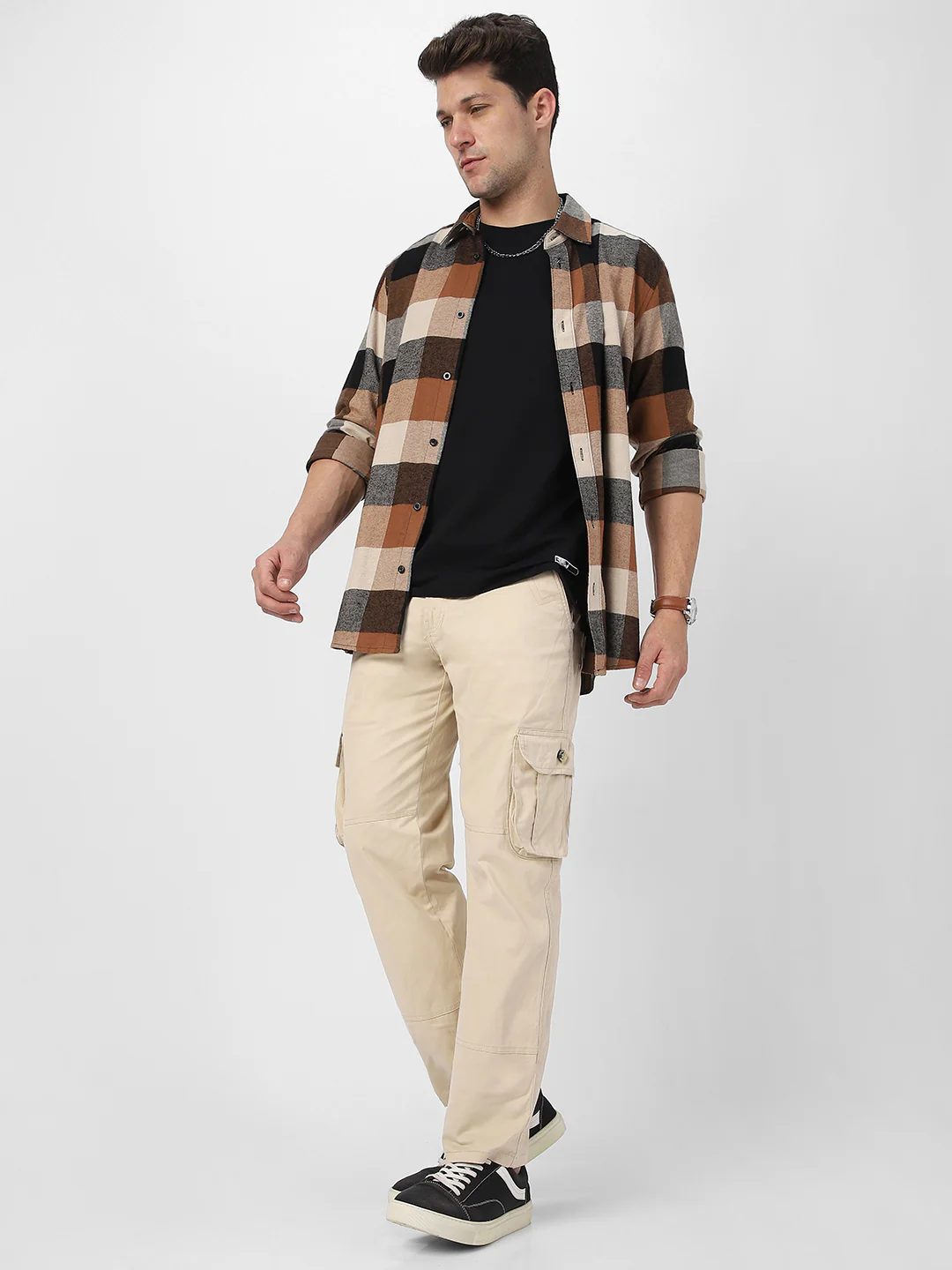 Men's Cream Regular Fit Solid Cargo Chino Pant with 6 Pockets - Image 5