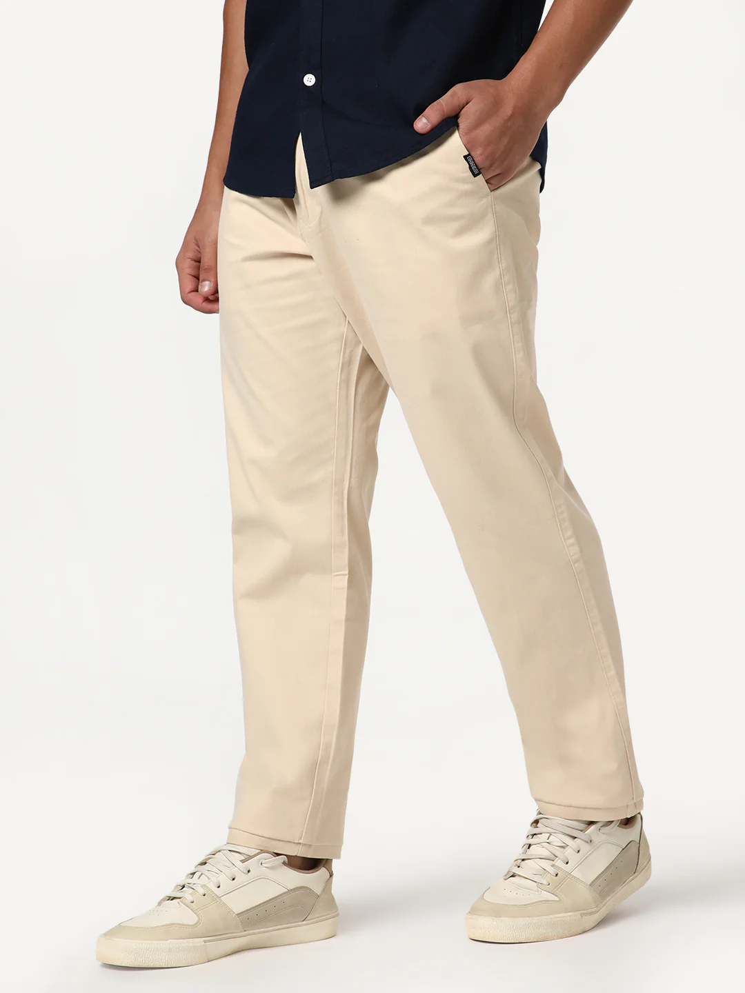 Men's Cream Straight Fit Mid Rise Cotton Casual Chinos Trousers Stretch - Image 2