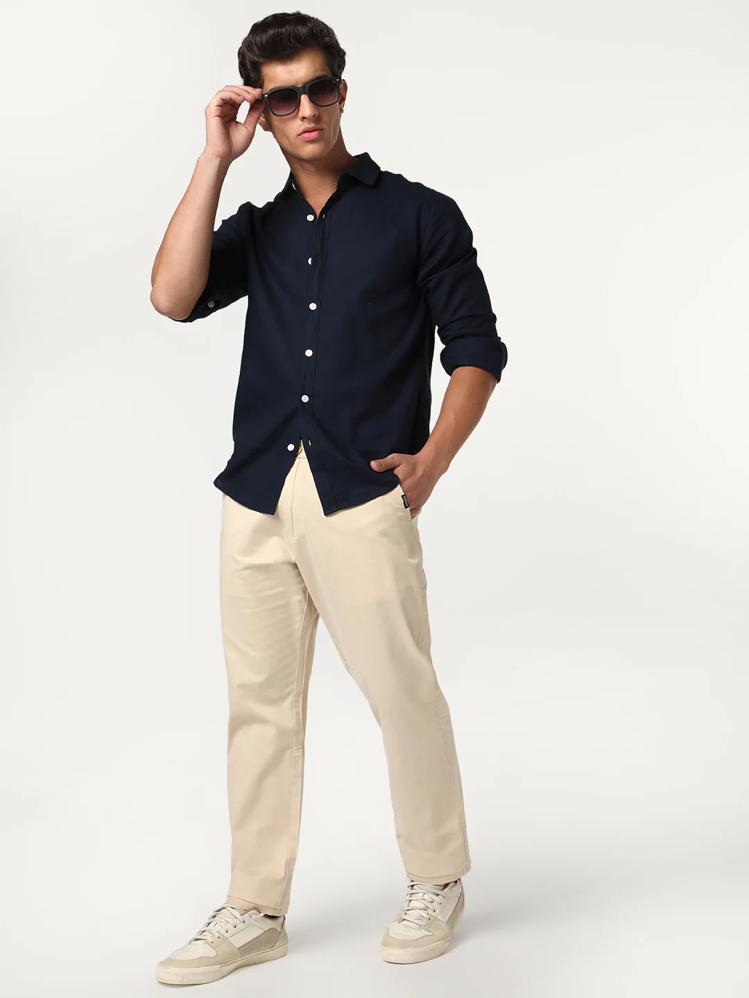 Men's Cream Straight Fit Mid Rise Cotton Casual Chinos Trousers Stretch - Image 4