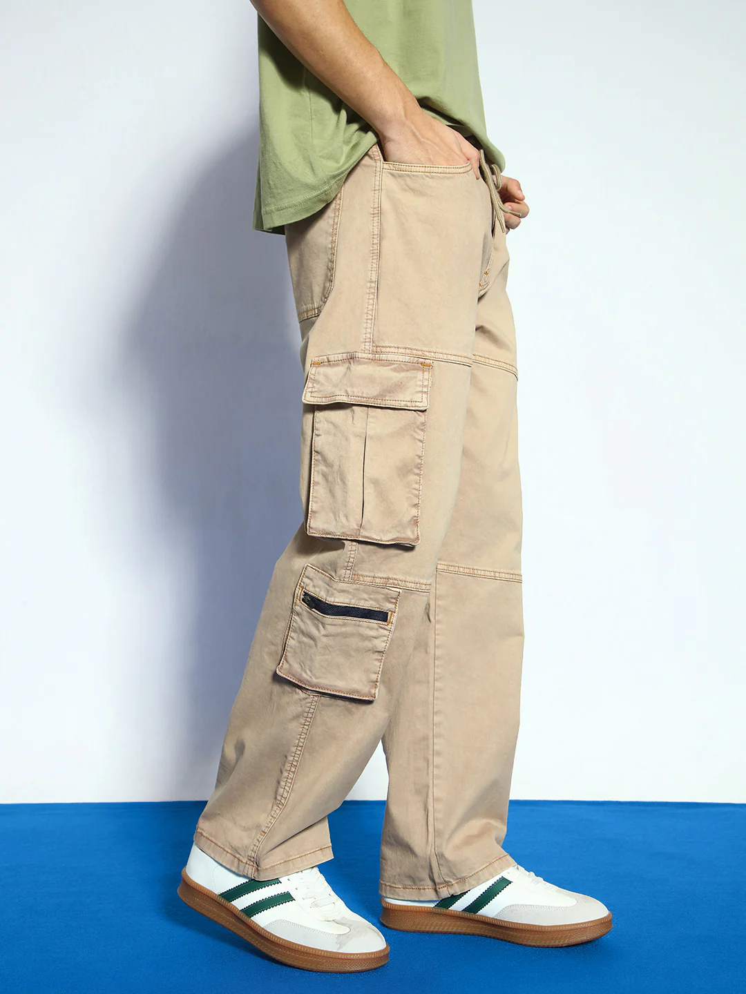 Men's Dark Beige Loose Baggy Fit Travel Cargo Jeans With 8 Pockets Stretchable - Image 2