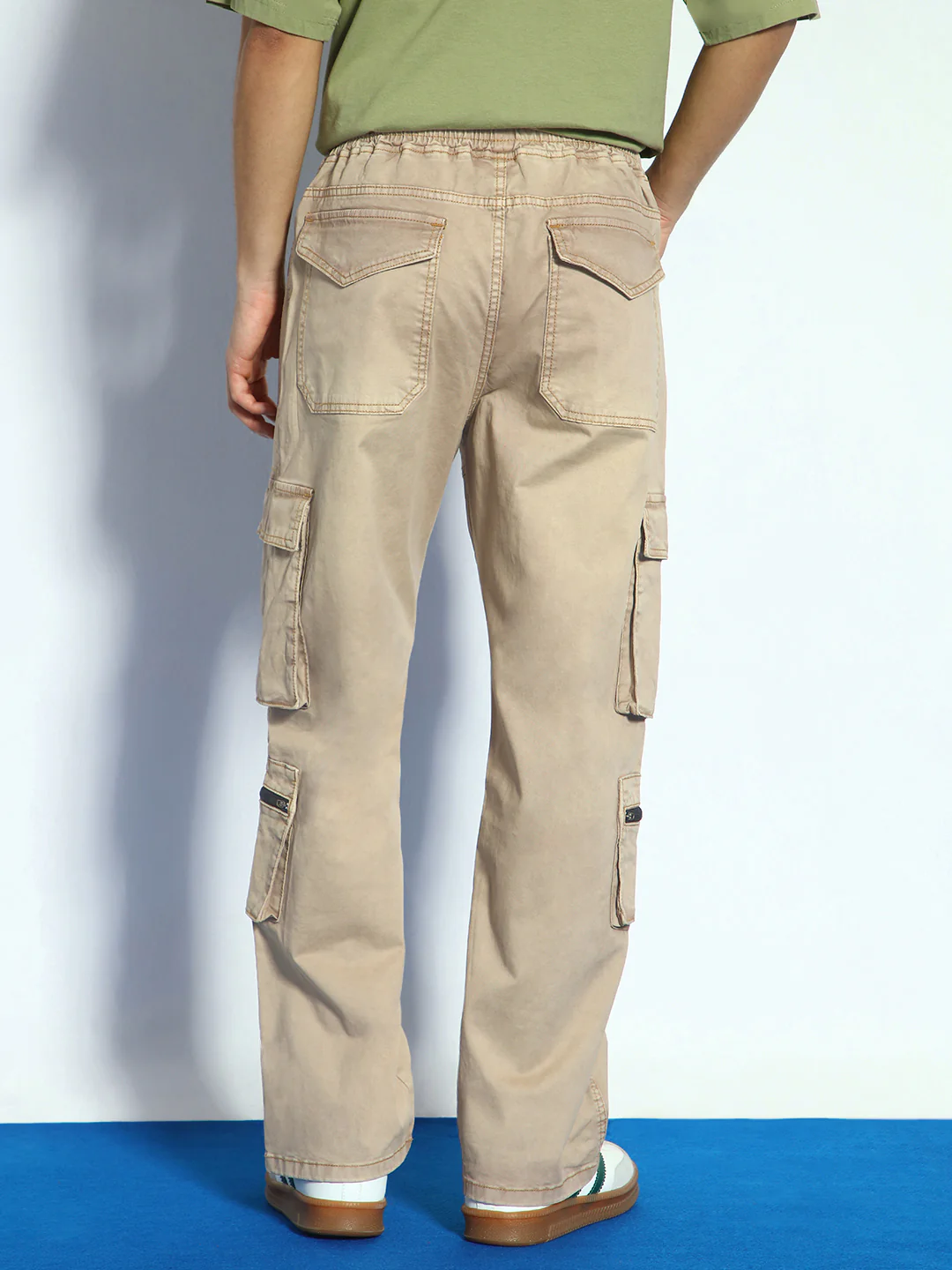 Men's Dark Beige Loose Baggy Fit Travel Cargo Jeans With 8 Pockets Stretchable - Image 3