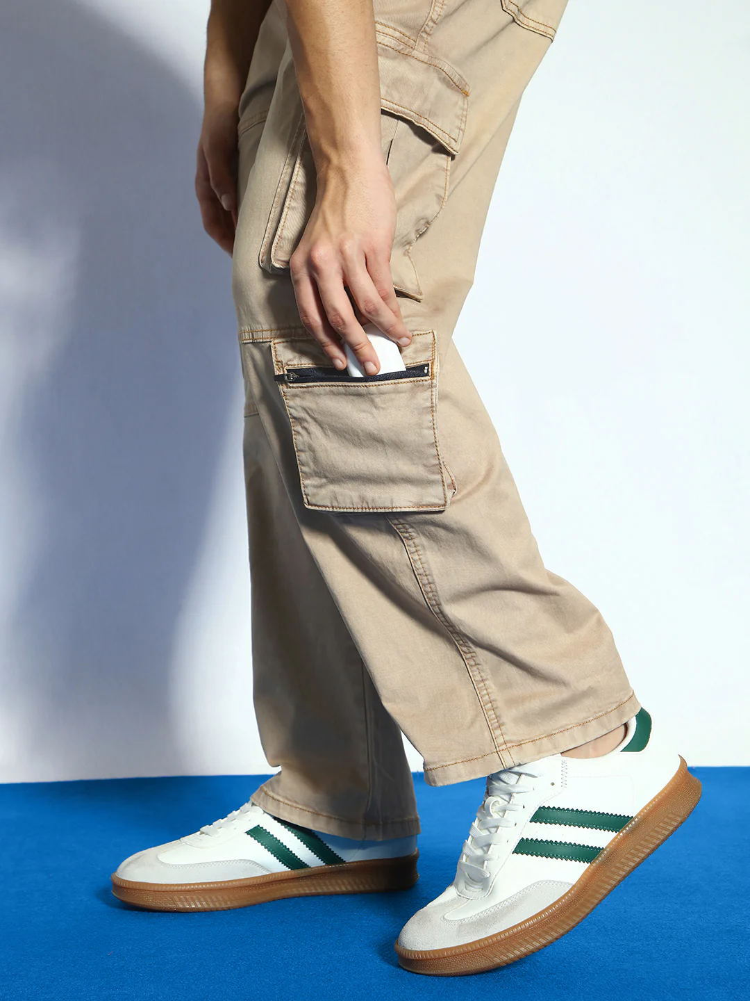 Men's Dark Beige Loose Baggy Fit Travel Cargo Jeans With 8 Pockets Stretchable - Image 6