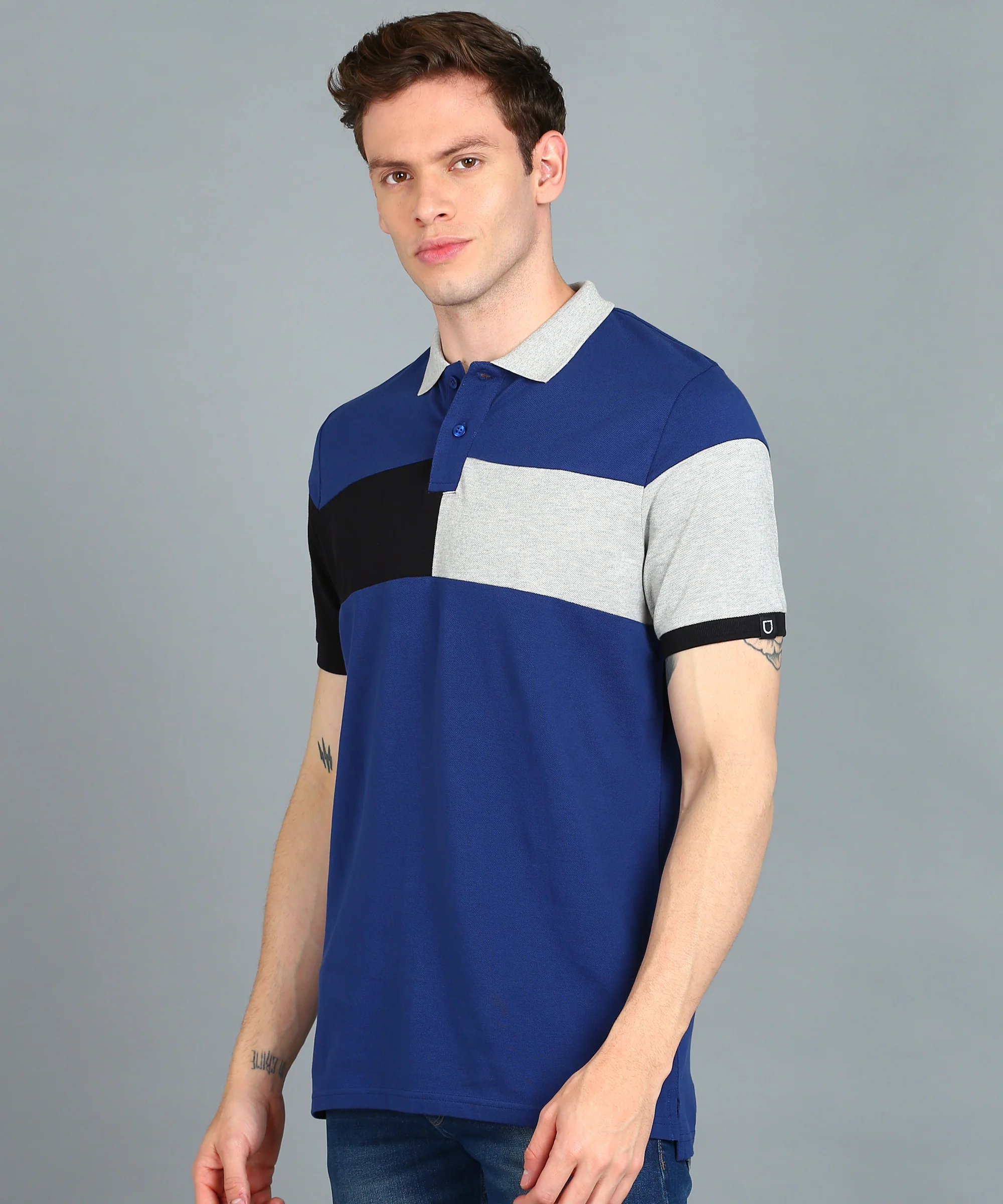 Men's Dark Blue, Black, Grey Melange Colour-Block Slim Fit Half Sleeve Cotton Polo T-Shirt - Image 2