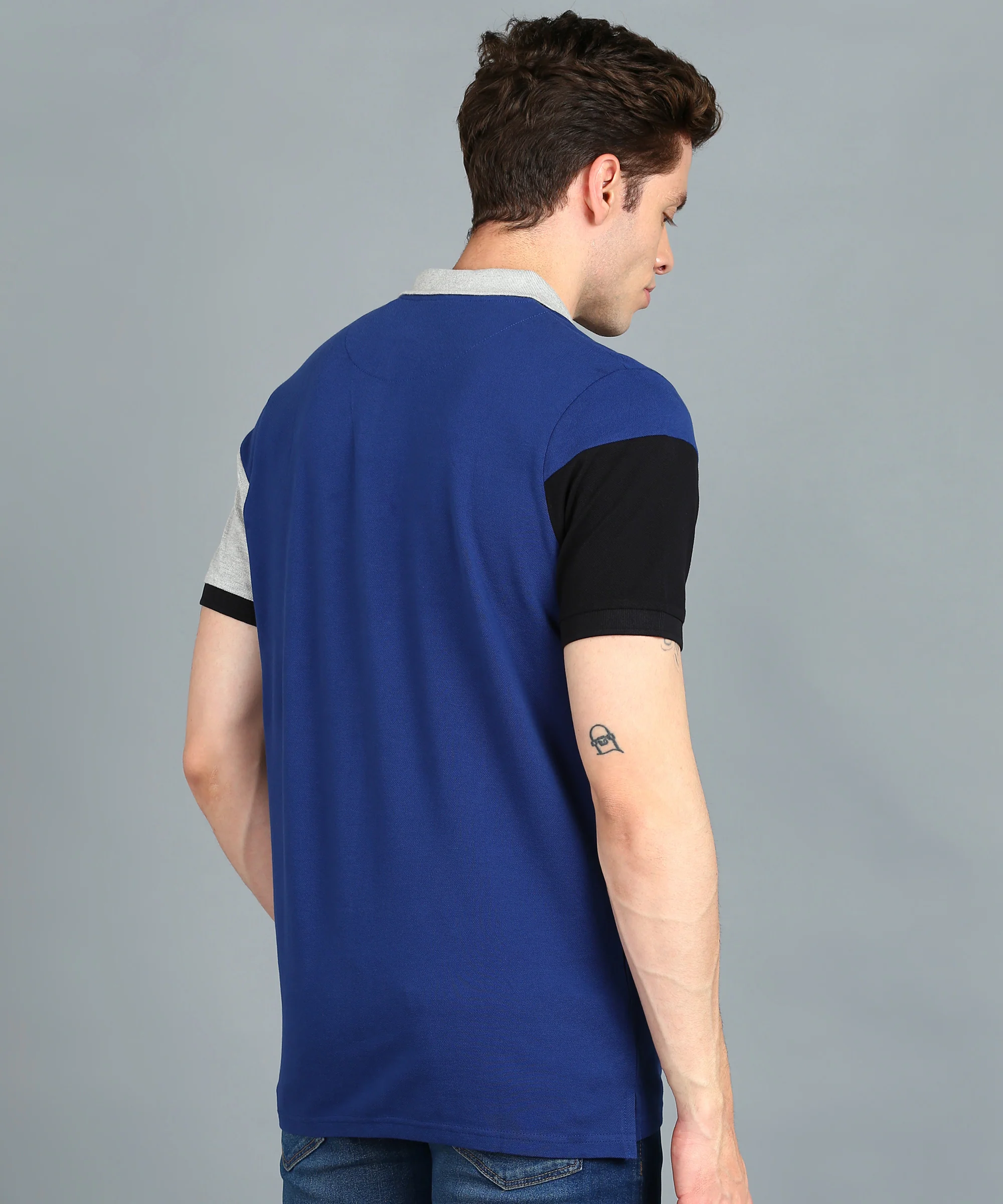 Men's Dark Blue, Black, Grey Melange Colour-Block Slim Fit Half Sleeve Cotton Polo T-Shirt - Image 3