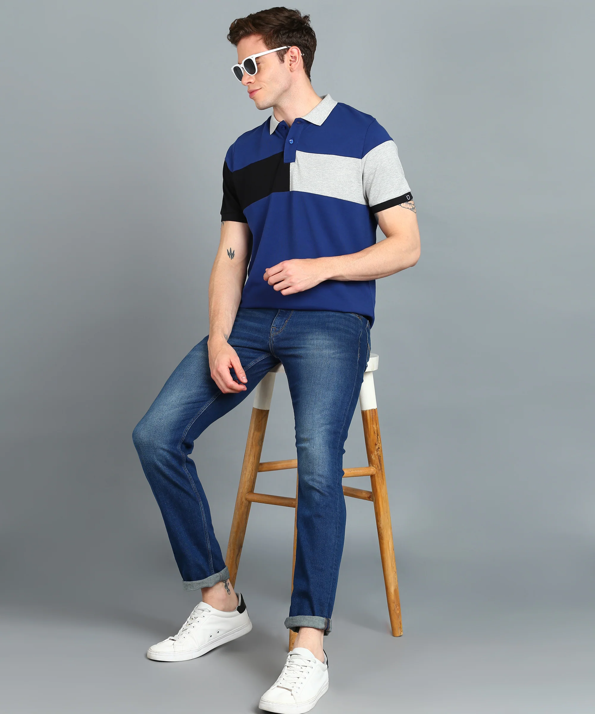 Men's Dark Blue, Black, Grey Melange Colour-Block Slim Fit Half Sleeve Cotton Polo T-Shirt - Image 4