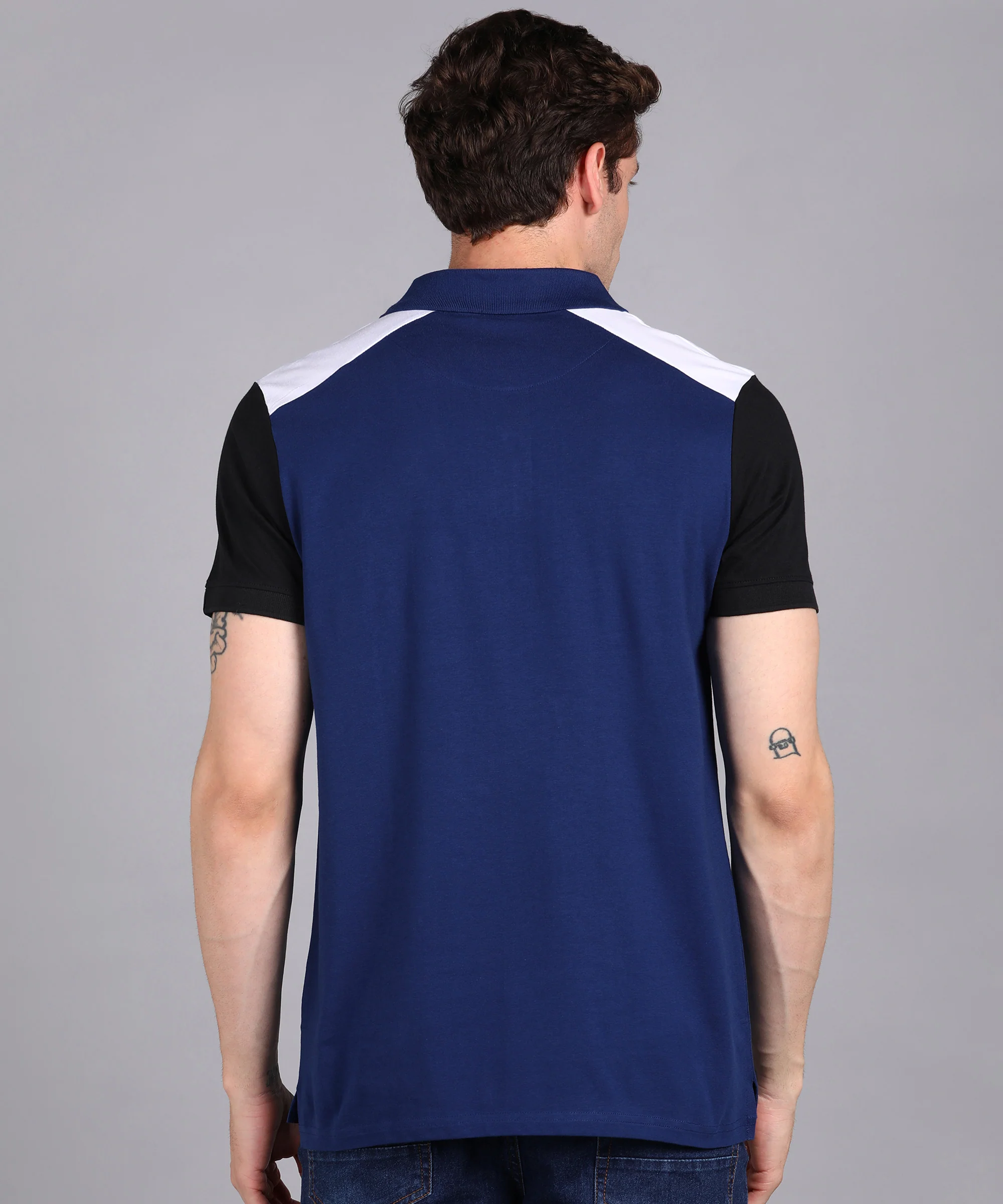 Men's Dark Blue, Black, White Colour-Block Slim Fit Half Sleeve Cotton Polo T-Shirt - Image 3