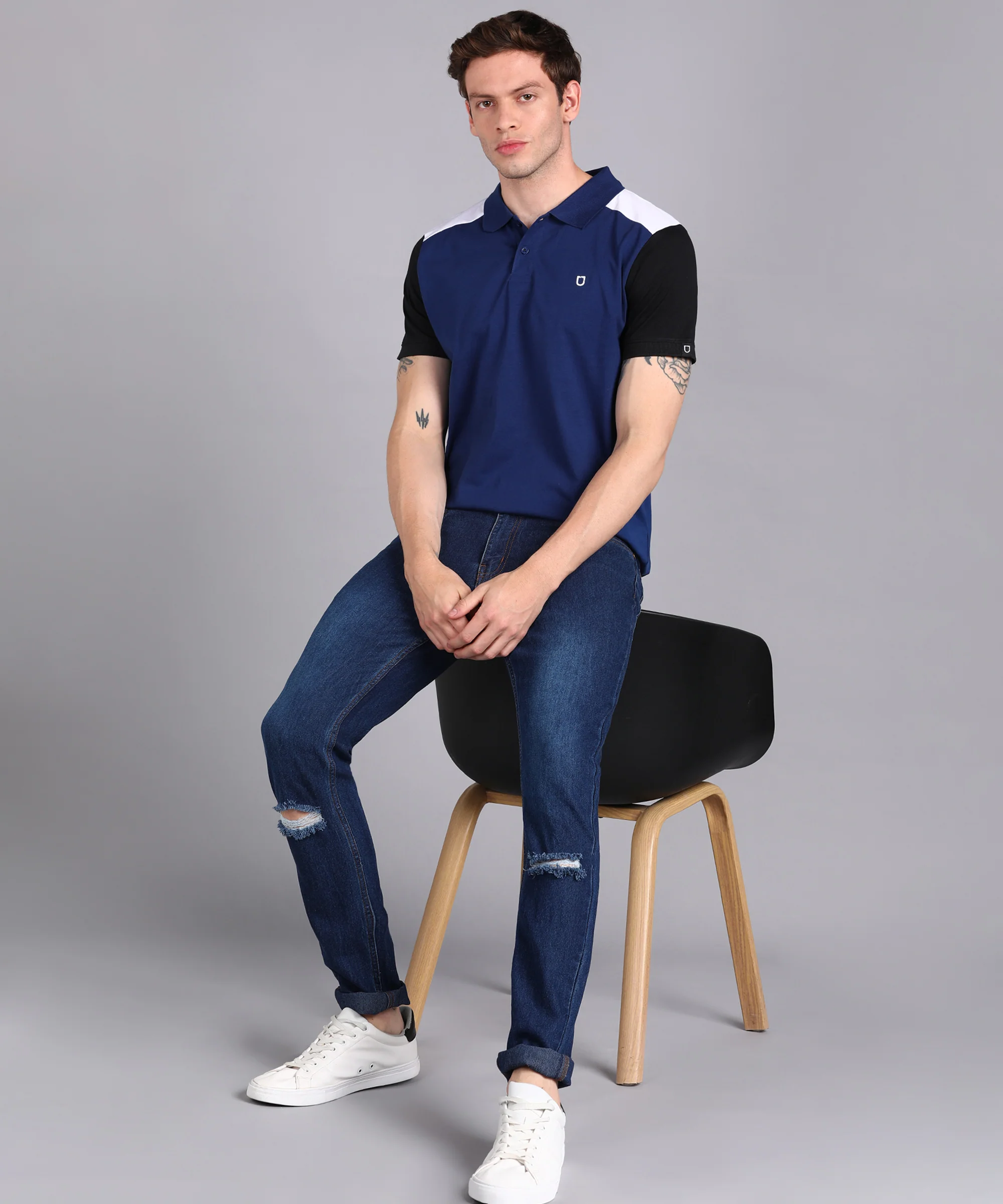 Men's Dark Blue, Black, White Colour-Block Slim Fit Half Sleeve Cotton Polo T-Shirt - Image 4