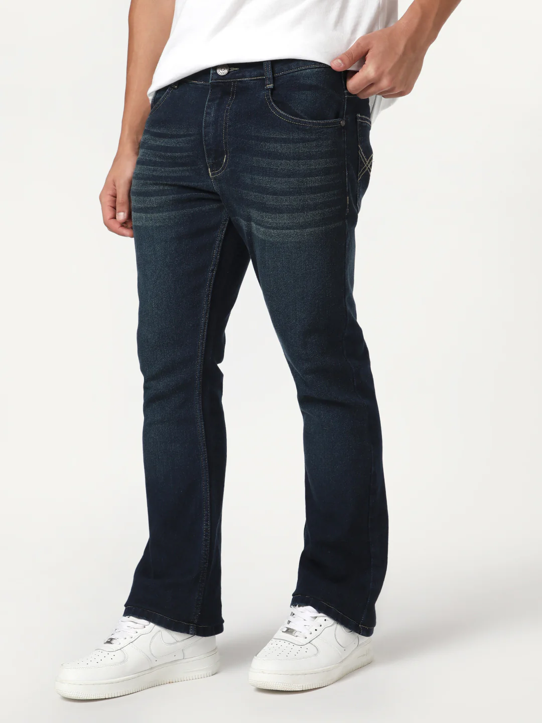 Men's Dark Blue Bootcut Fit Mid Rise Heavy Washed Jeans Stretchable - Image 2