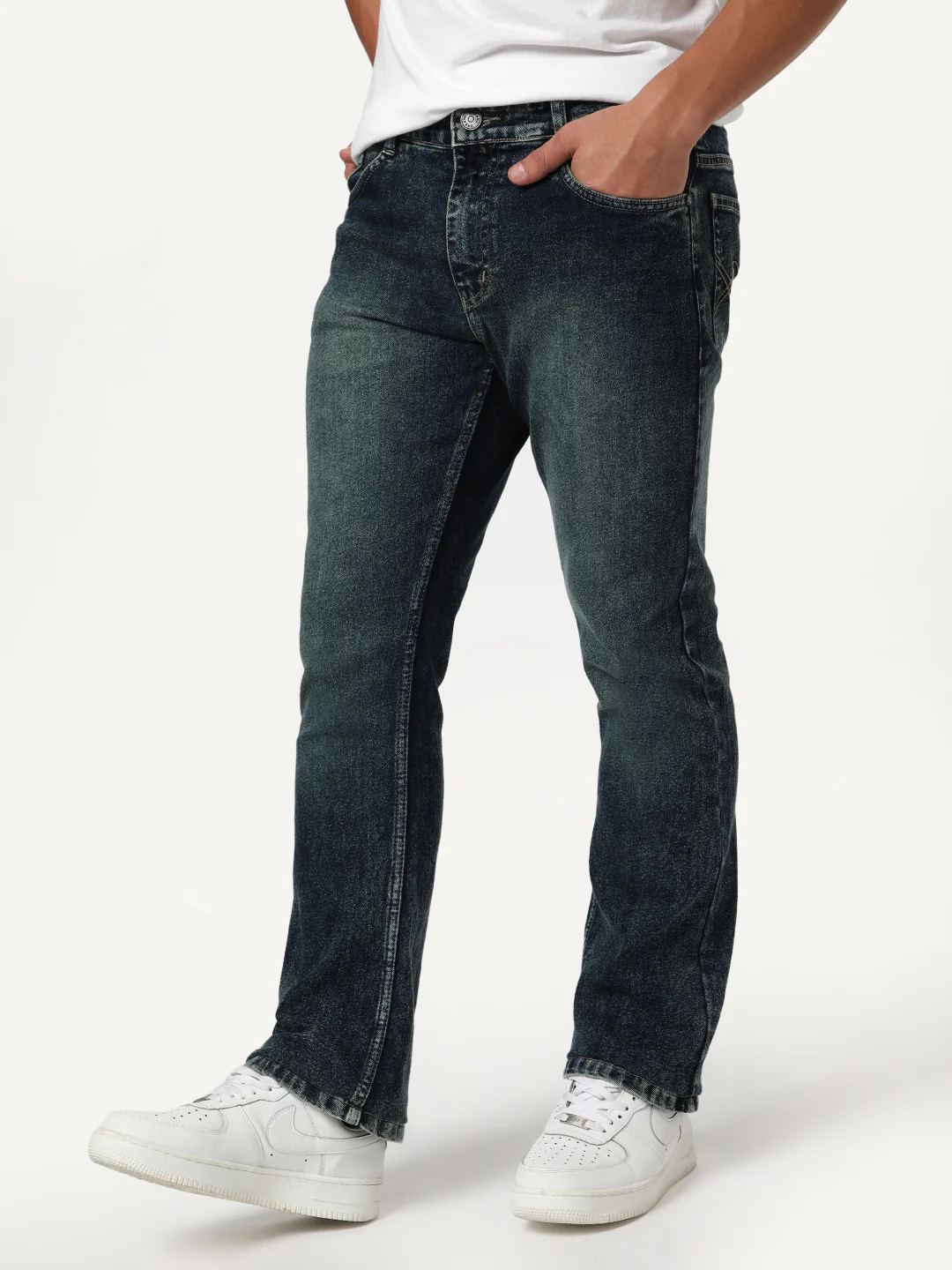 Men's Dark Blue Bootcut Fit Mid Rise Tinted Heavy Washed Jeans Stretchable - Image 2