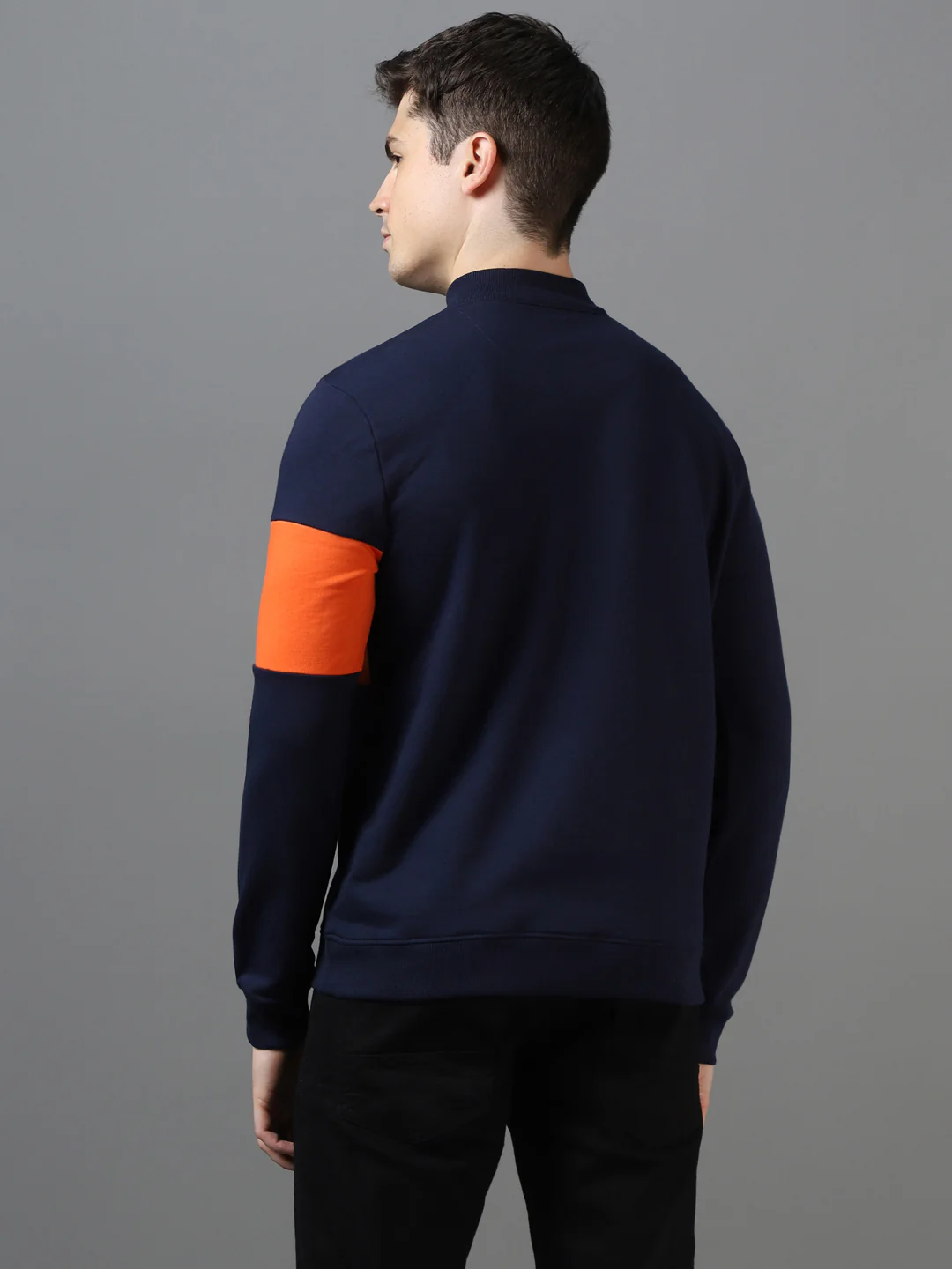 Men's Dark Blue Cotton Color Block Round Neck Sweatshirt - Image 3
