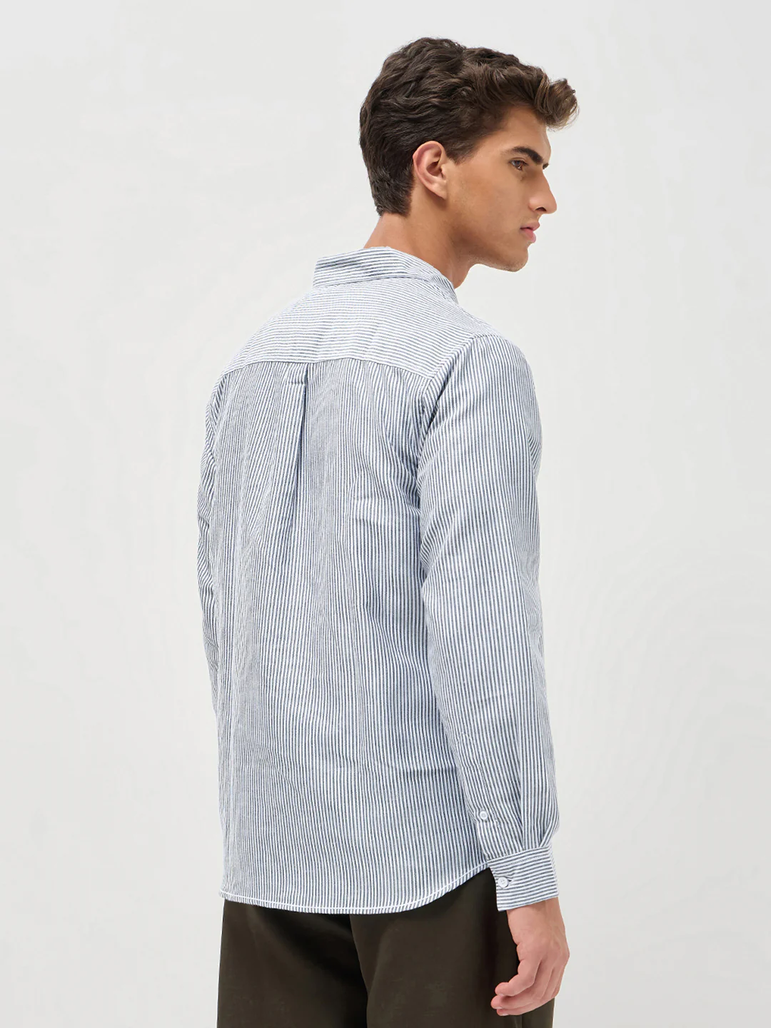 Men's Dark Blue Cotton Full Sleeve Regular Fit Casual Striped Shirt - Image 4