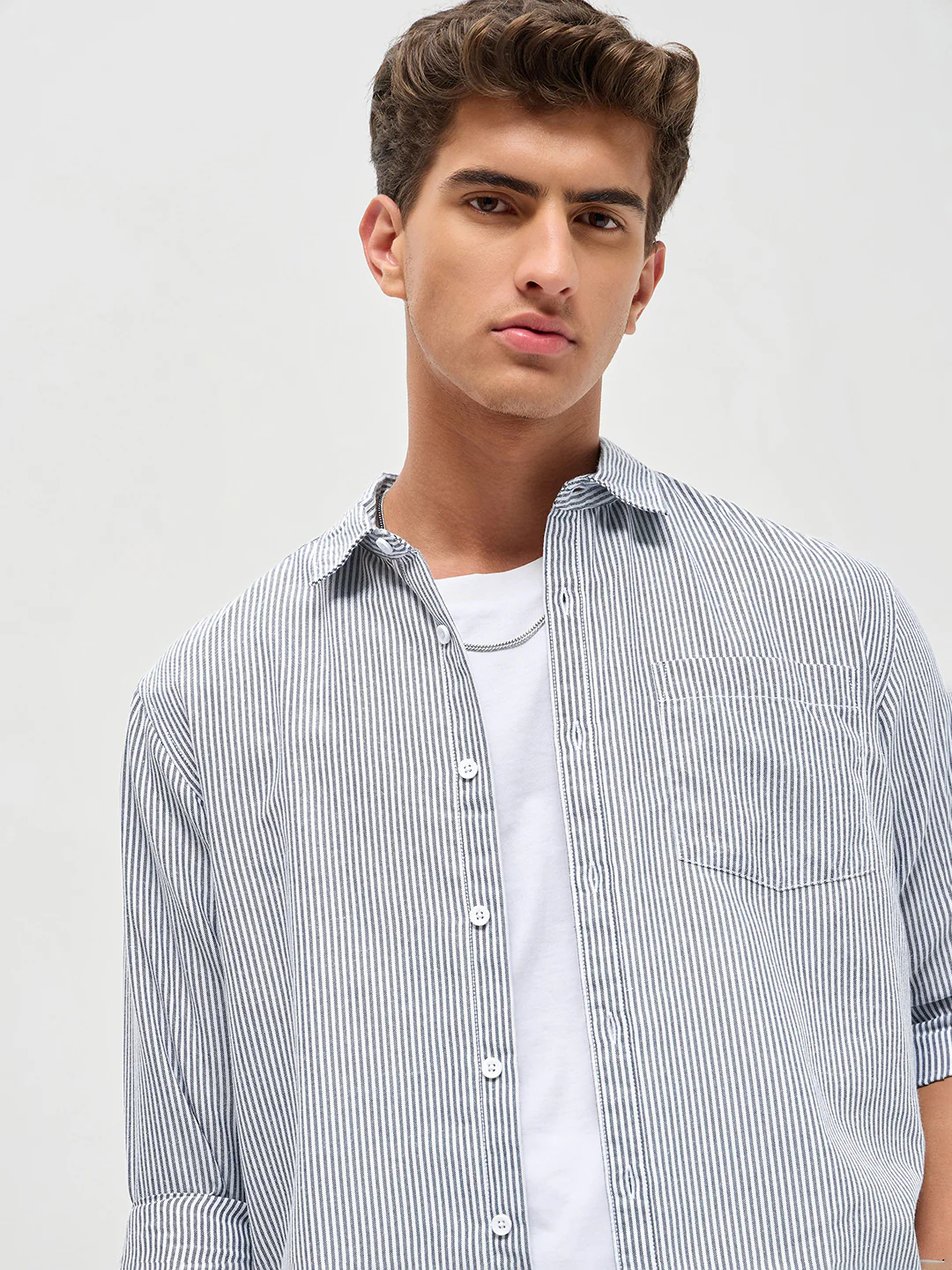 Men's Dark Blue Cotton Full Sleeve Regular Fit Casual Striped Shirt - Image 6