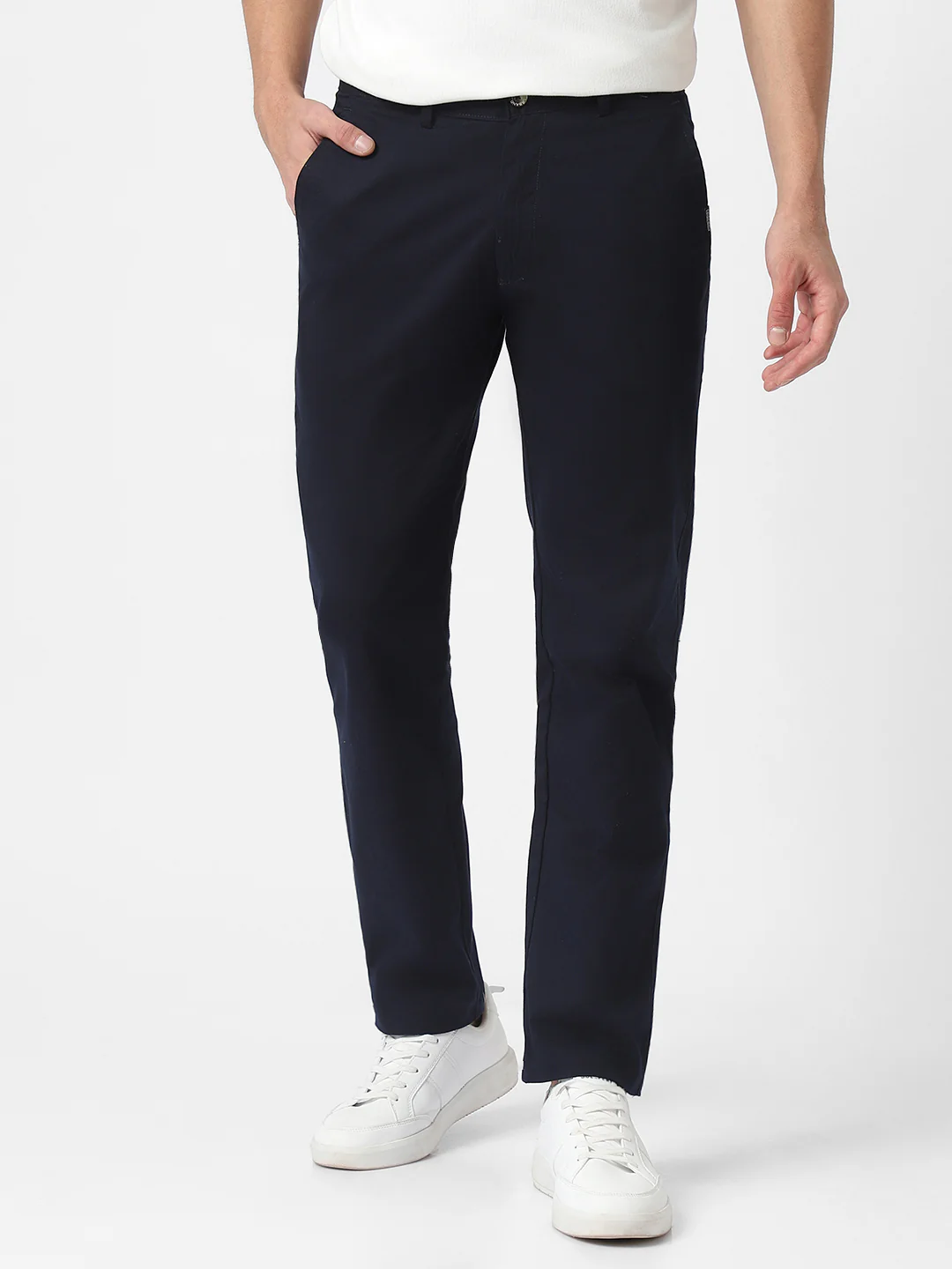 Men's Dark Blue Cotton Slim Fit Casual Chinos Trousers - Image 2