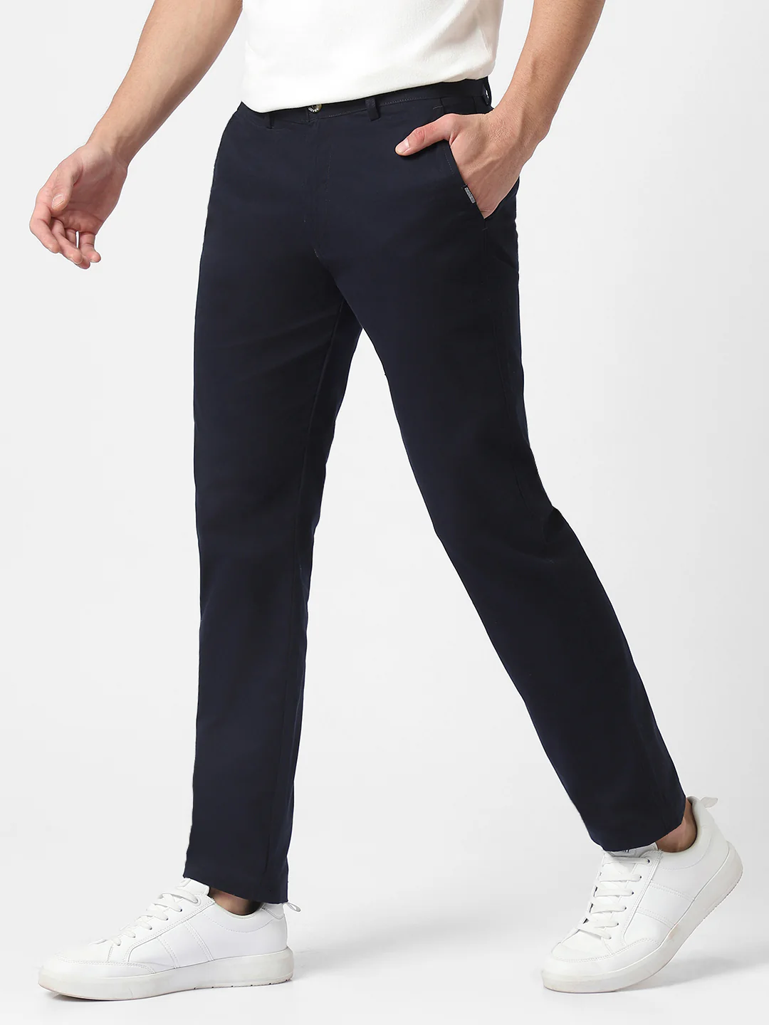 Men's Dark Blue Cotton Slim Fit Casual Chinos Trousers - Image 3