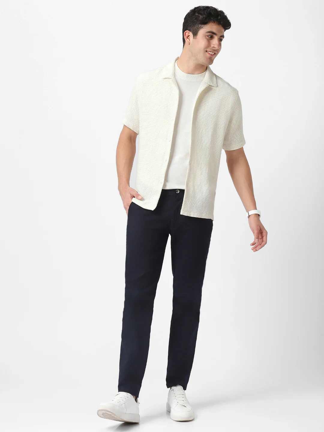 Men's Dark Blue Cotton Slim Fit Casual Chinos Trousers - Image 5