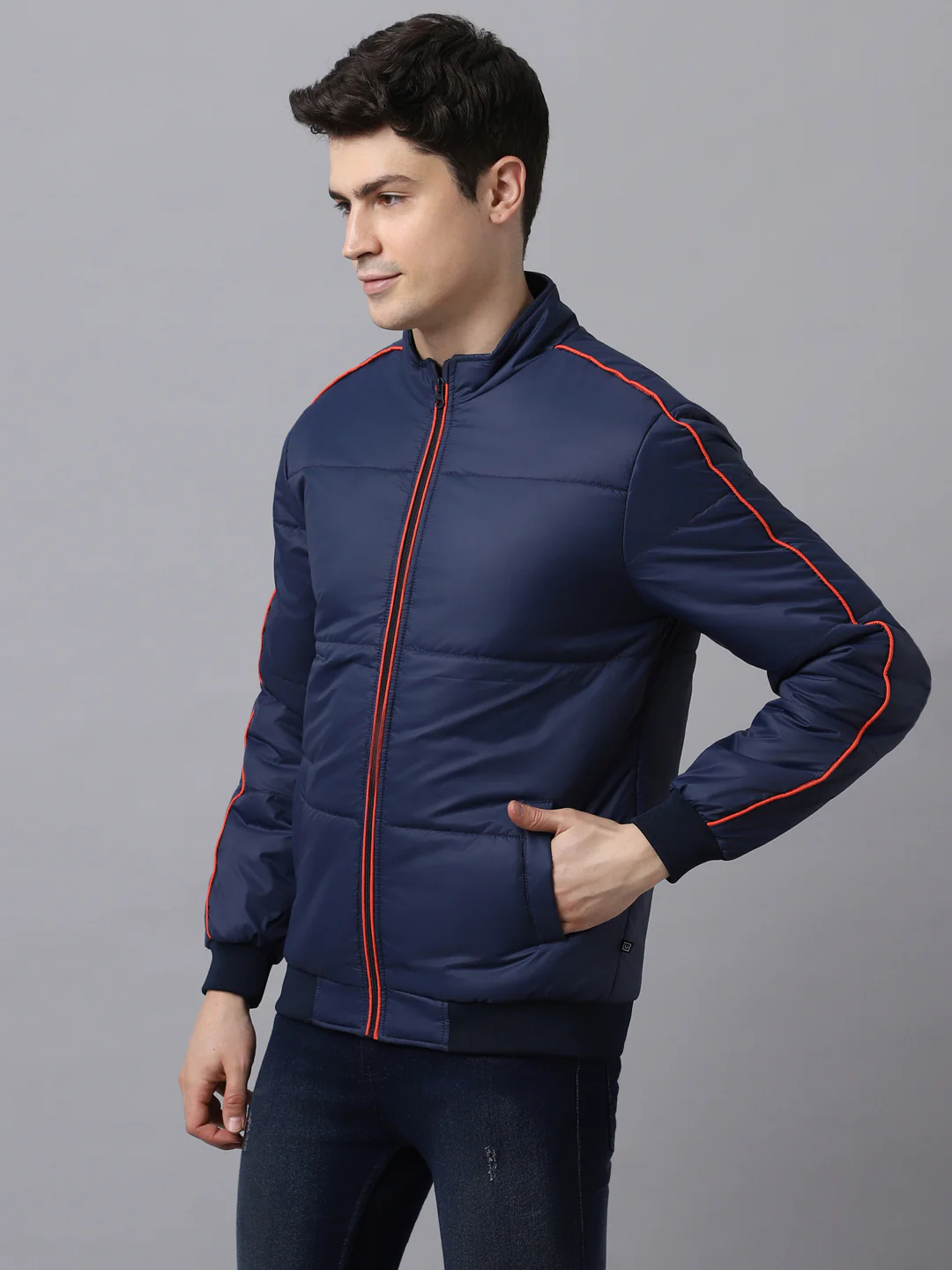Men's Dark Blue Full Sleeve Zippered Puffer Jacket - Image 2