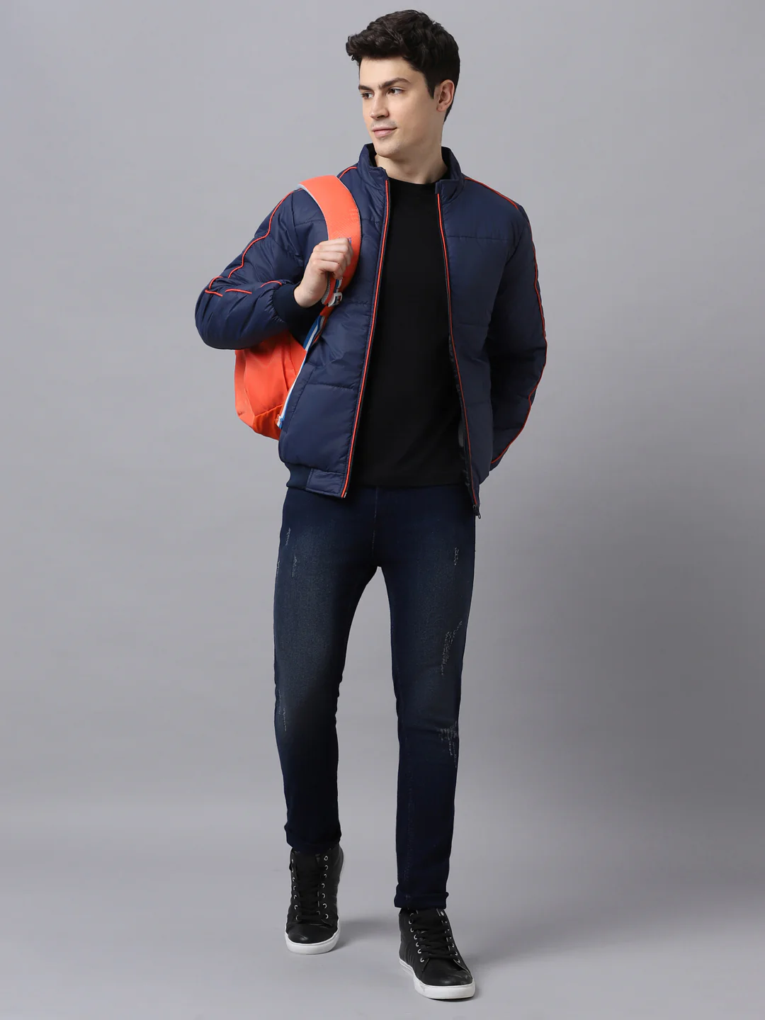Men's Dark Blue Full Sleeve Zippered Puffer Jacket - Image 4
