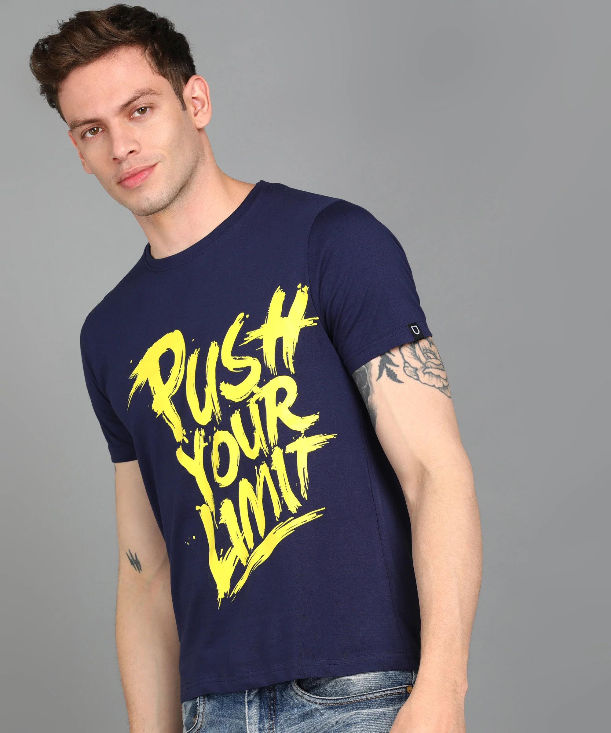 Urbano Fashion Men's Dark Blue Graphic Printed Round Neck Half Sleeve Slim Fit Cotton T-Shirt - Image 2