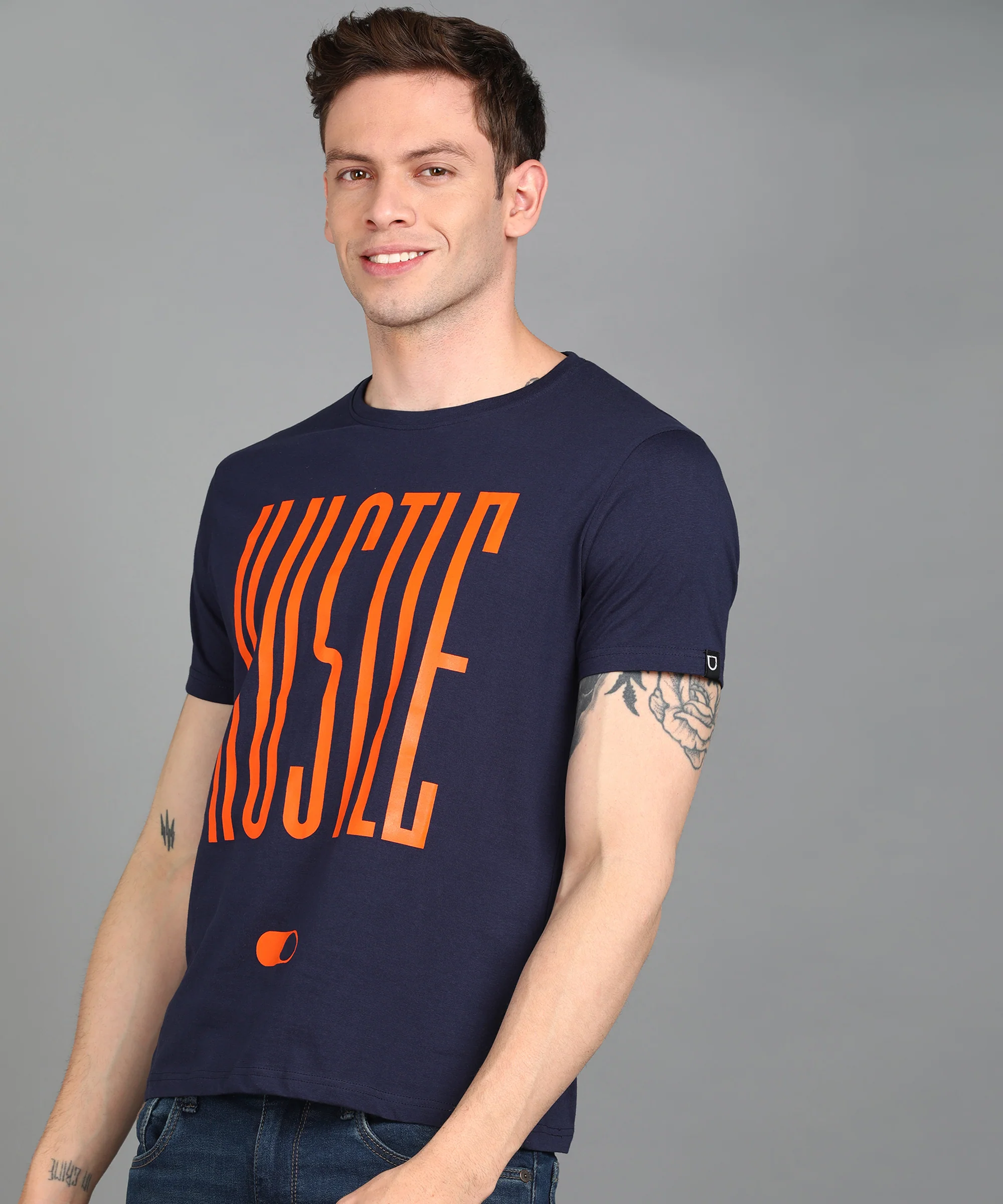 Urbano Fashion Men's Dark Blue Graphic Printed Round Neck Half Sleeve Slim Fit Cotton T-Shirt - Image 2