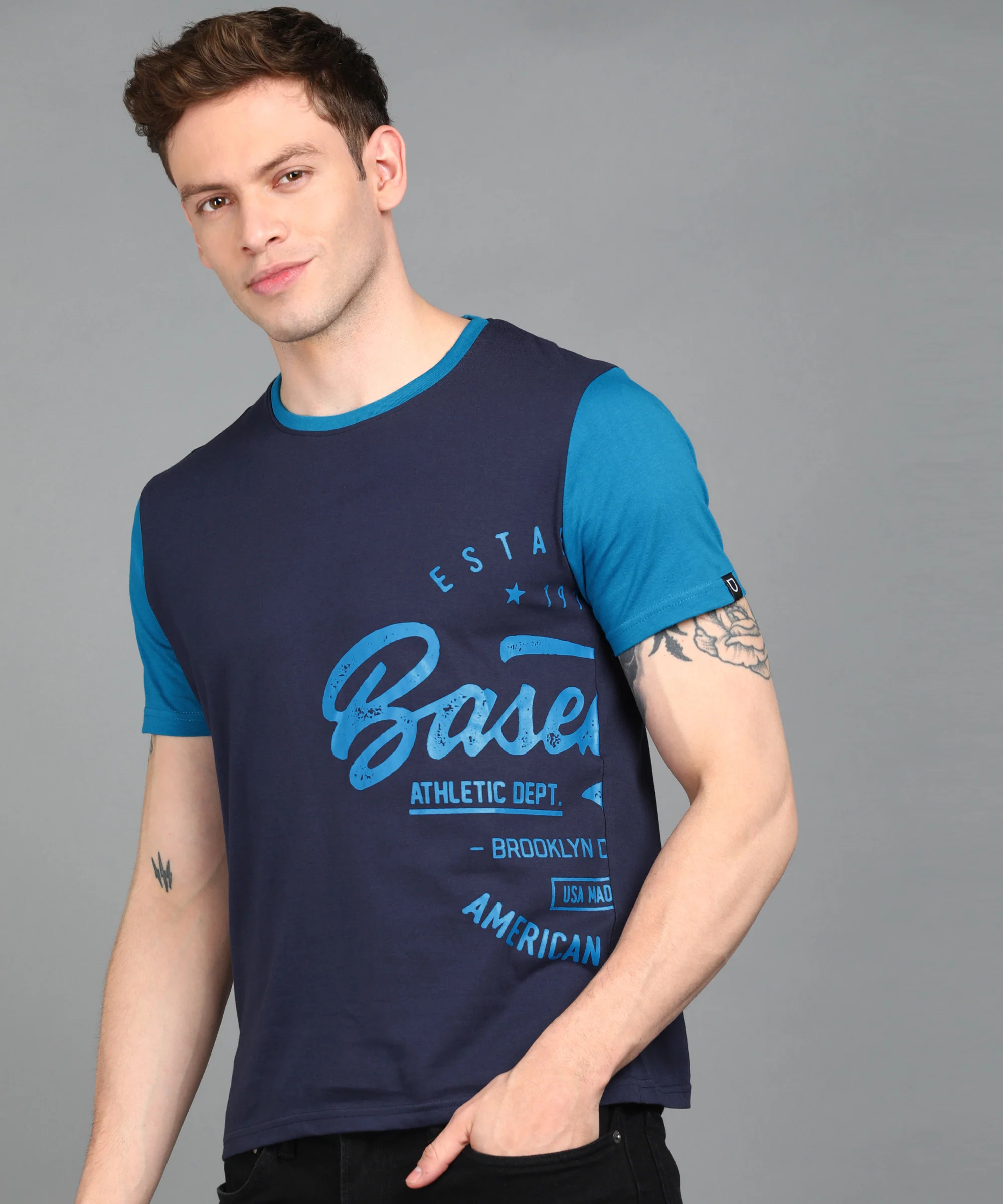Urbano Fashion Men's Dark Blue Graphic Printed Round Neck Half Sleeve Slim Fit Cotton T-Shirt - Image 2