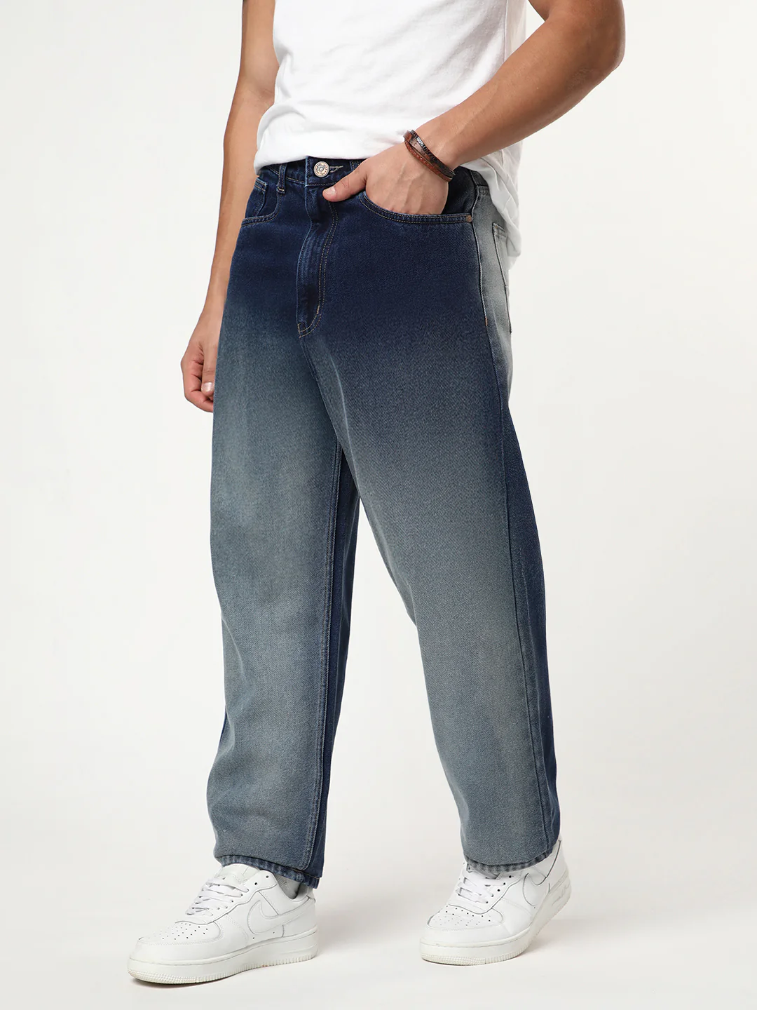 Men's Dark Blue Loose Baggy Fit Heavy Washed Faded Denim Jeans Non-Stretchable
