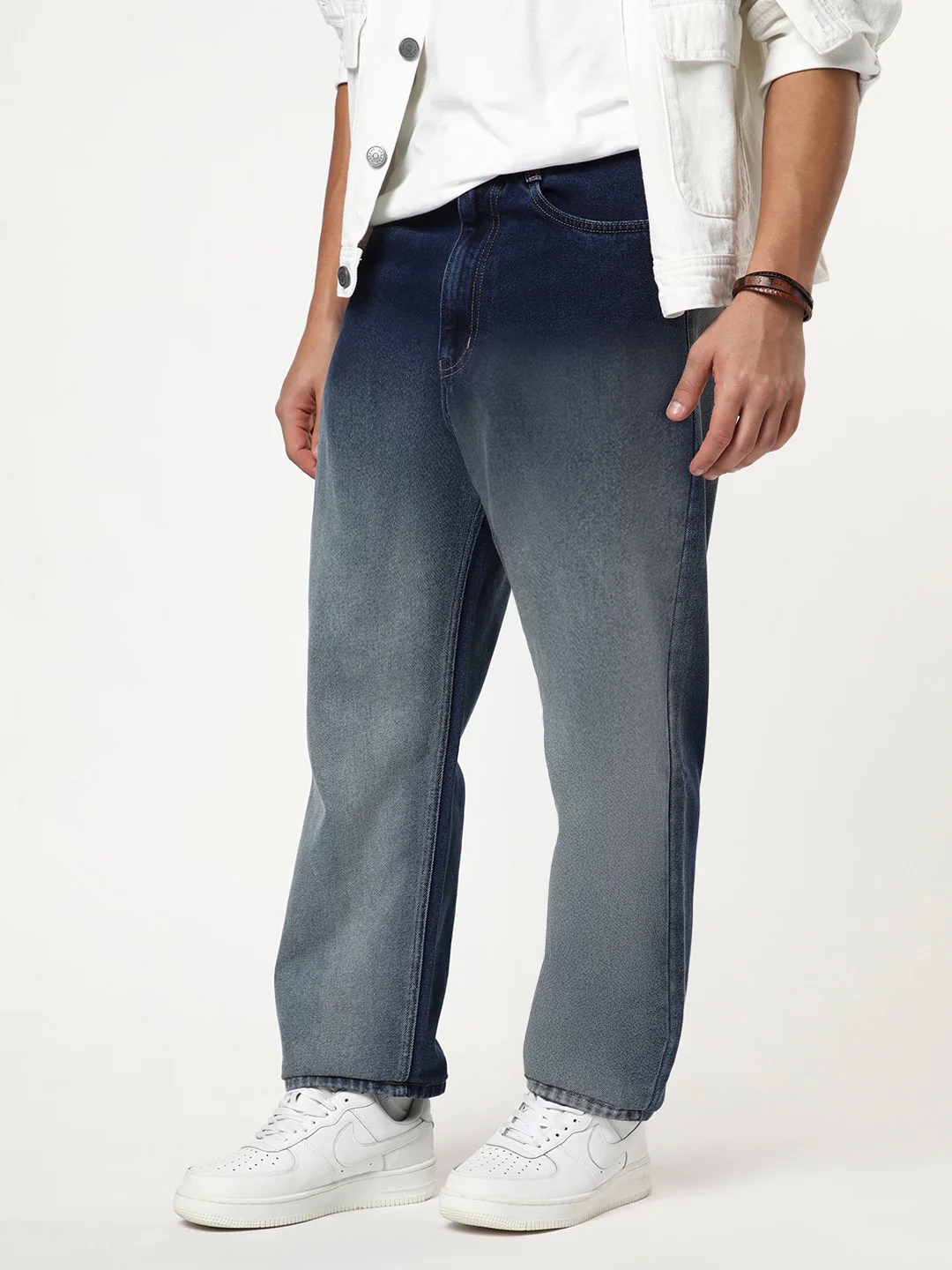 Men's Dark Blue Loose Baggy Fit Heavy Washed Faded Denim Jeans Non-Stretchable - Image 2